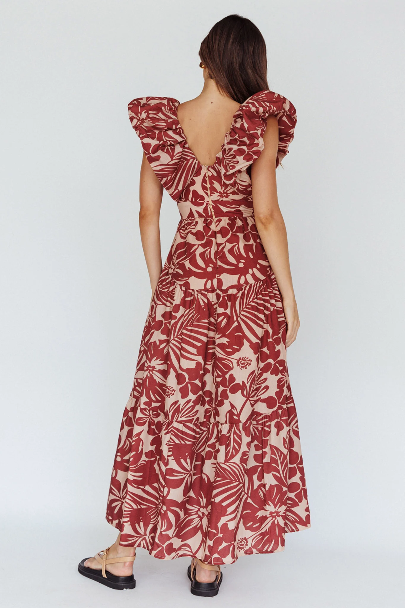 Kahlo Puffed Ruffle Neckline Maxi Dress Print Flame - Seraphlike