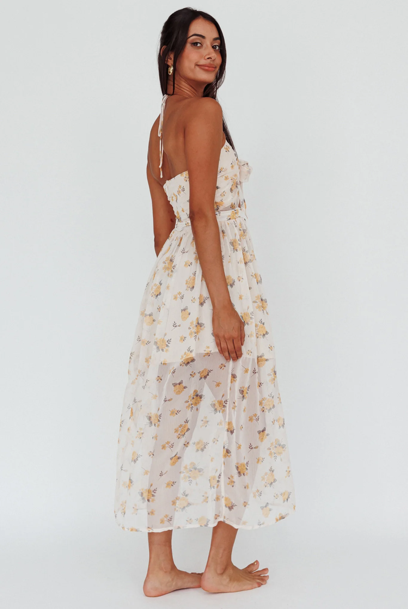 Los Feliz Tied Bust Halterneck Midi Dress Sheer Floral Yellow - Seraphlike
