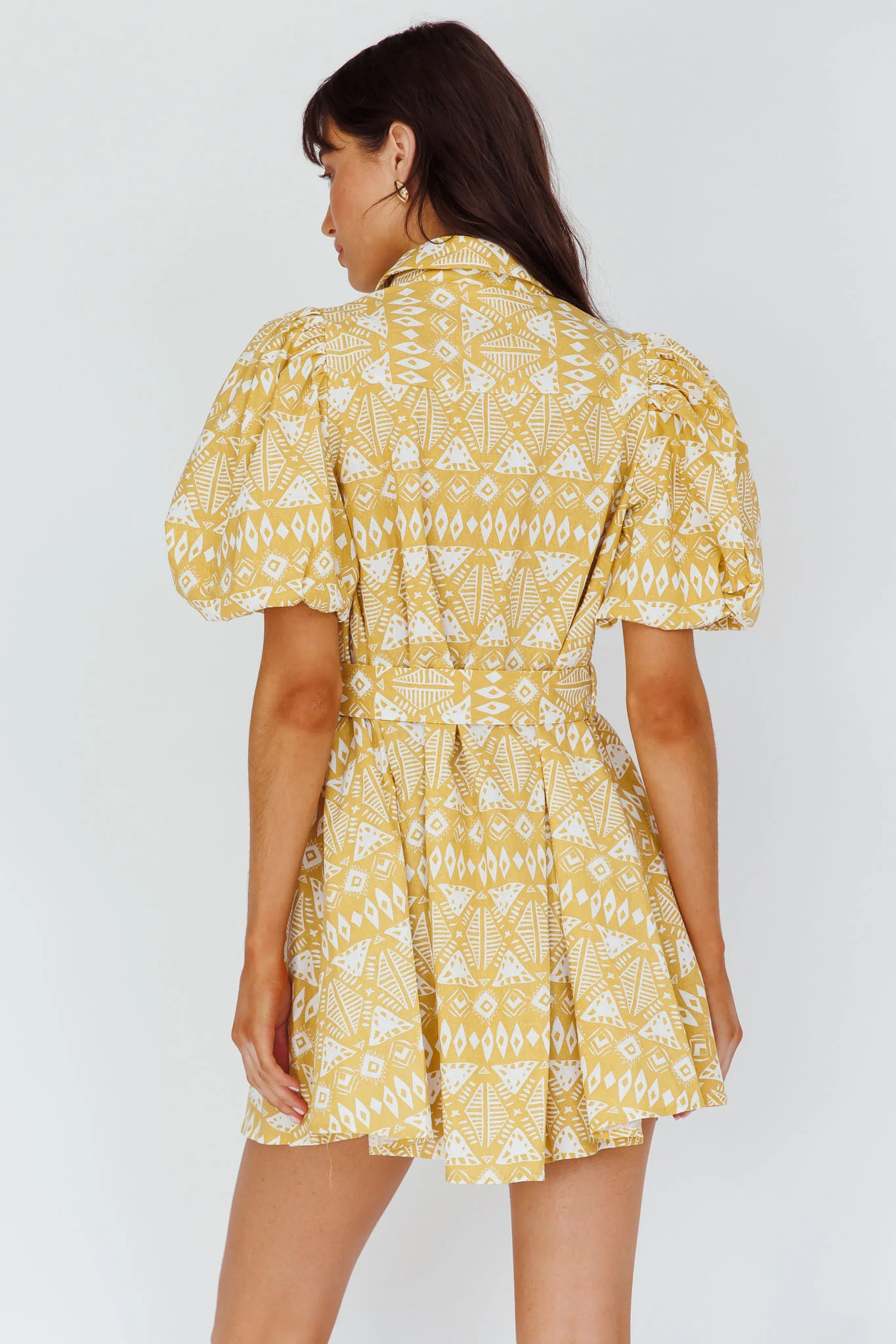 Nanette Puff Sleeve Belted Mini Dress Print Yellow - Seraphlike