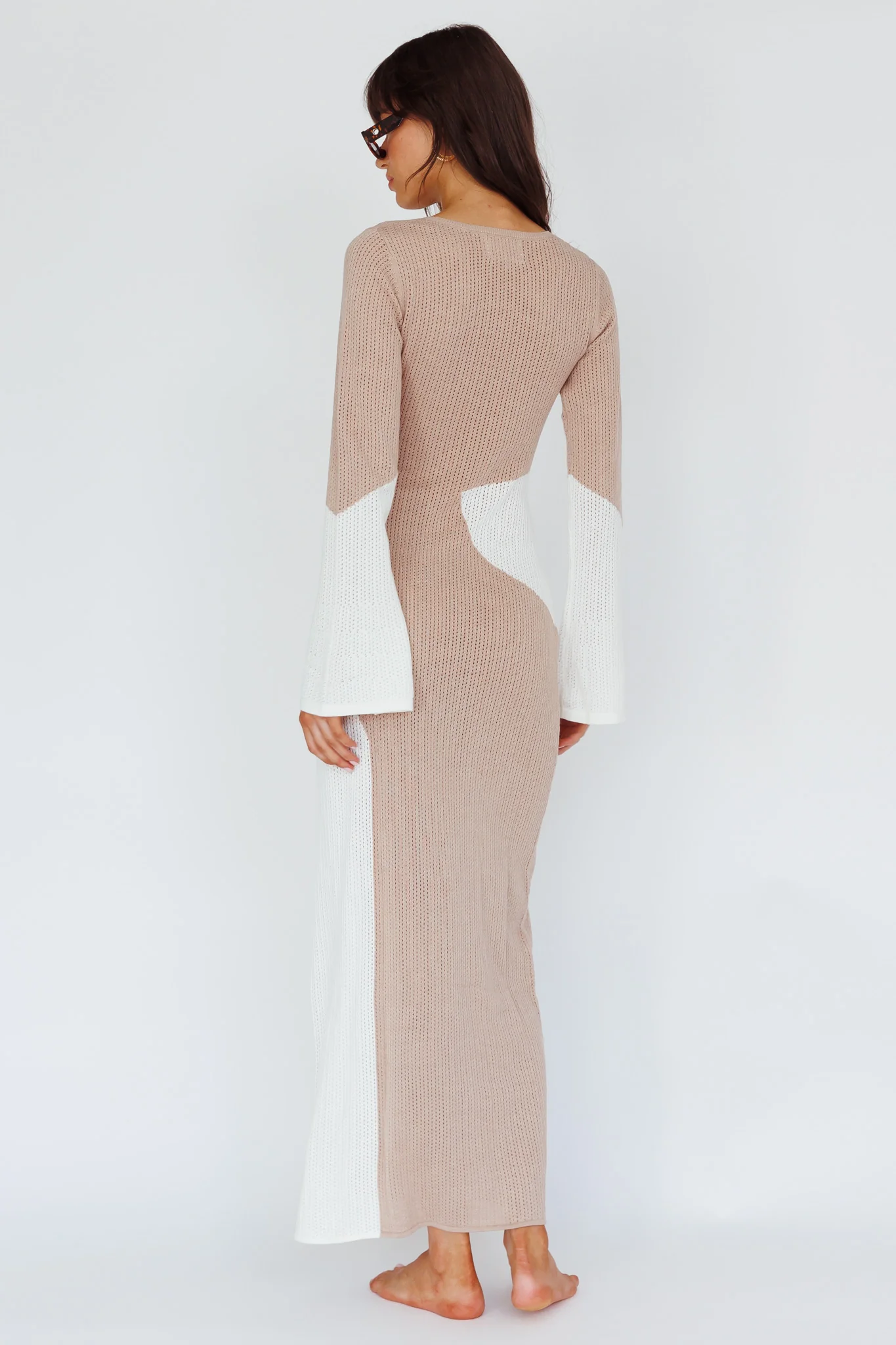 Karsen Long Sleeve Crochet Maxi Dress Beige - Seraphlike