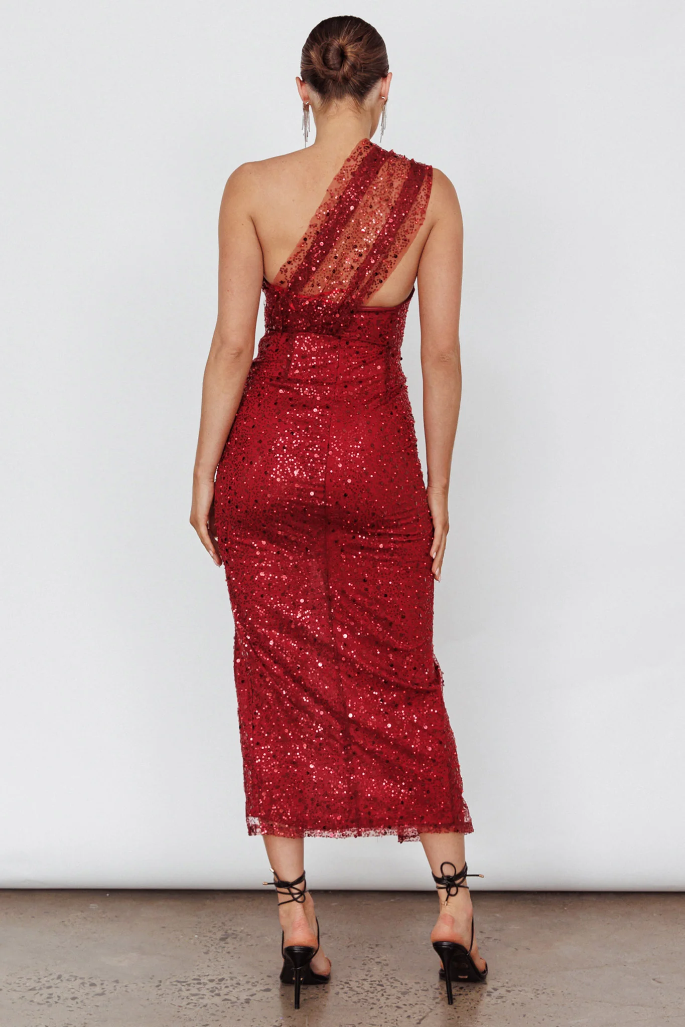 Doniella One-Shoulder Split Sequin Maxi Dress Wine - Seraphlike