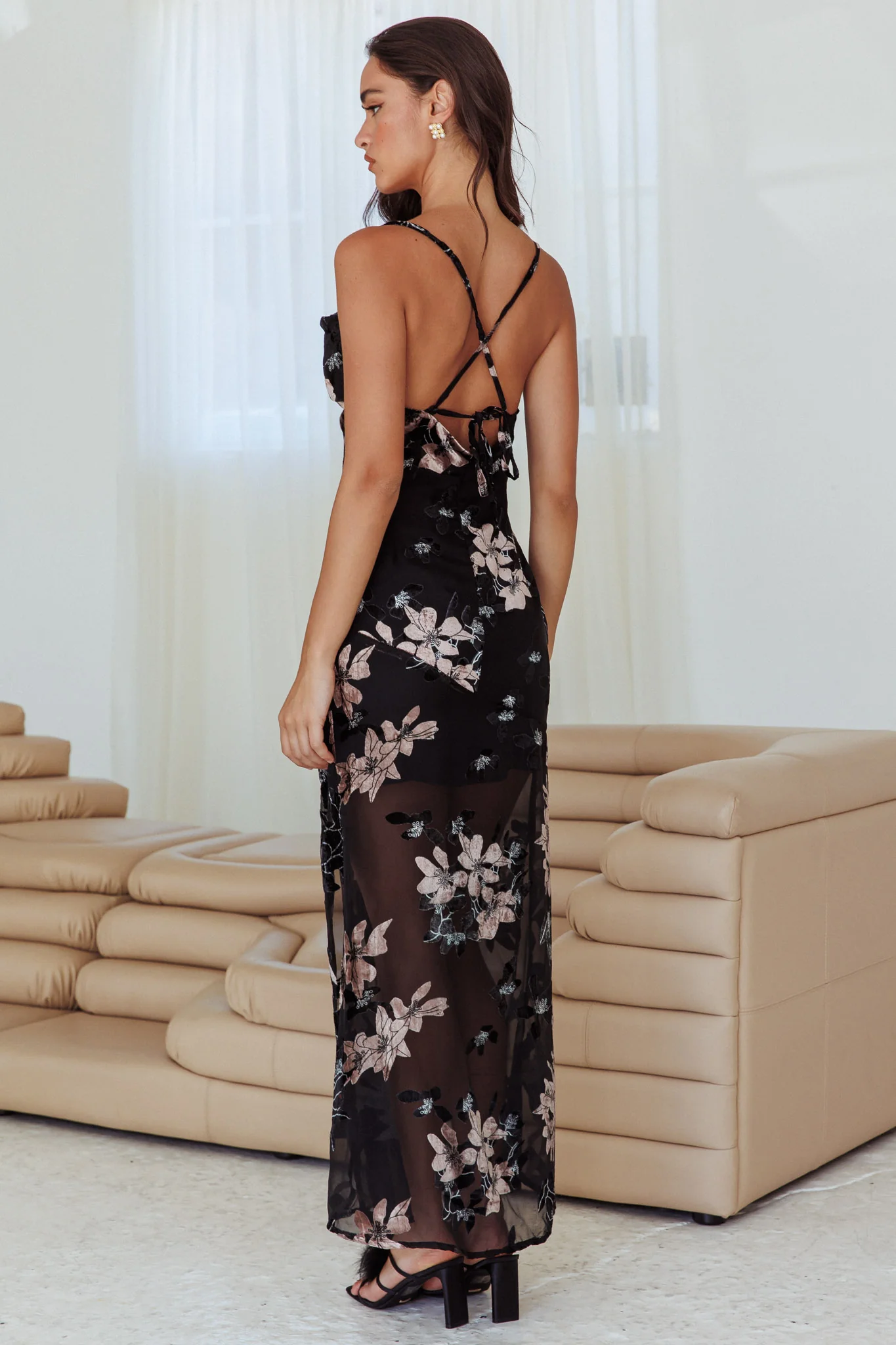 Personal Invitation Split Maxi Dress Flowers Black - Seraphlike