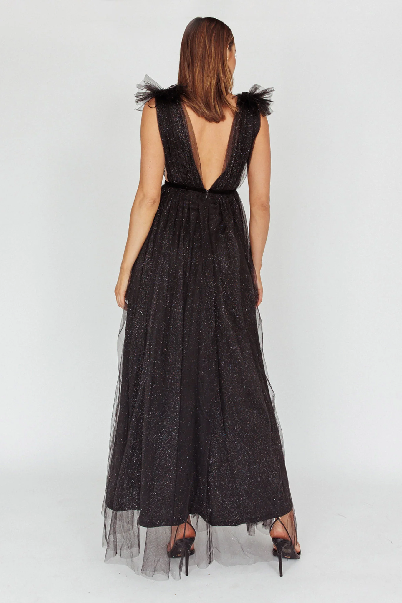 Ludivine Shoulder Accent Mesh Midi Dress Glitter Black - Seraphlike