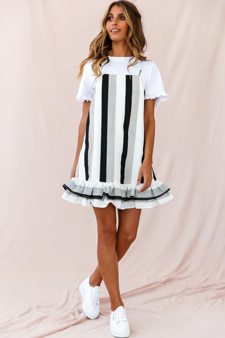 Daley Double-Frill Hem Shift Dress Stripe Print Black - Seraphlike
