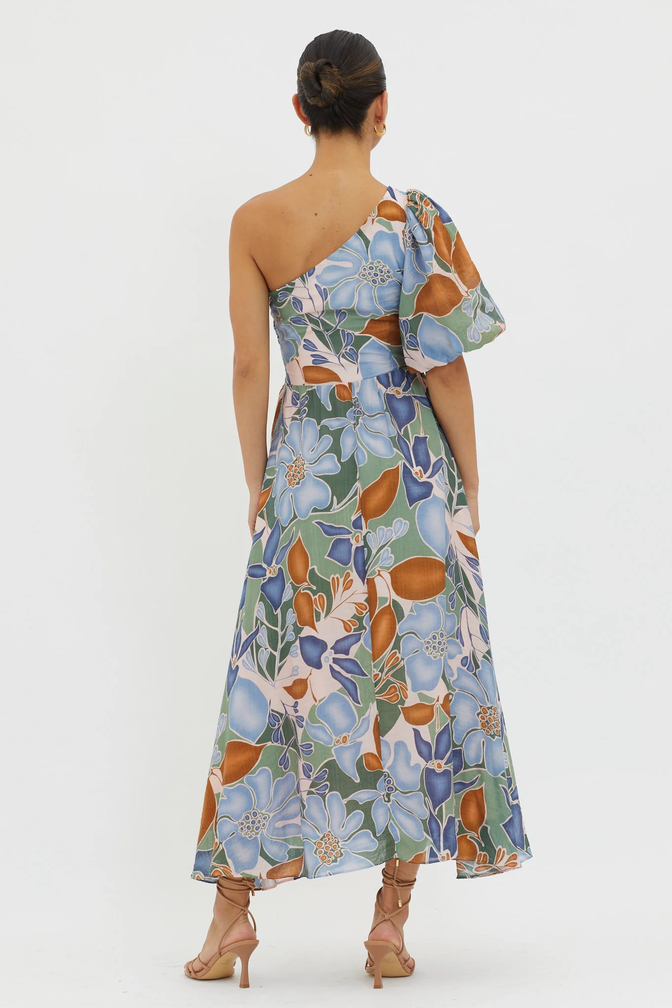 Jayni Puffed One Shoulder Midi Dress Blue - Seraphlike