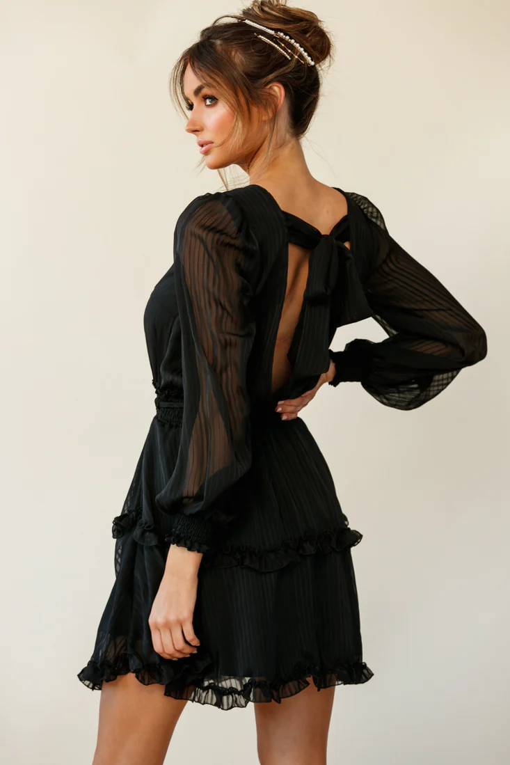 Mildred Long Sleeve Shirred Waist Frill Dress Black - Seraphlike