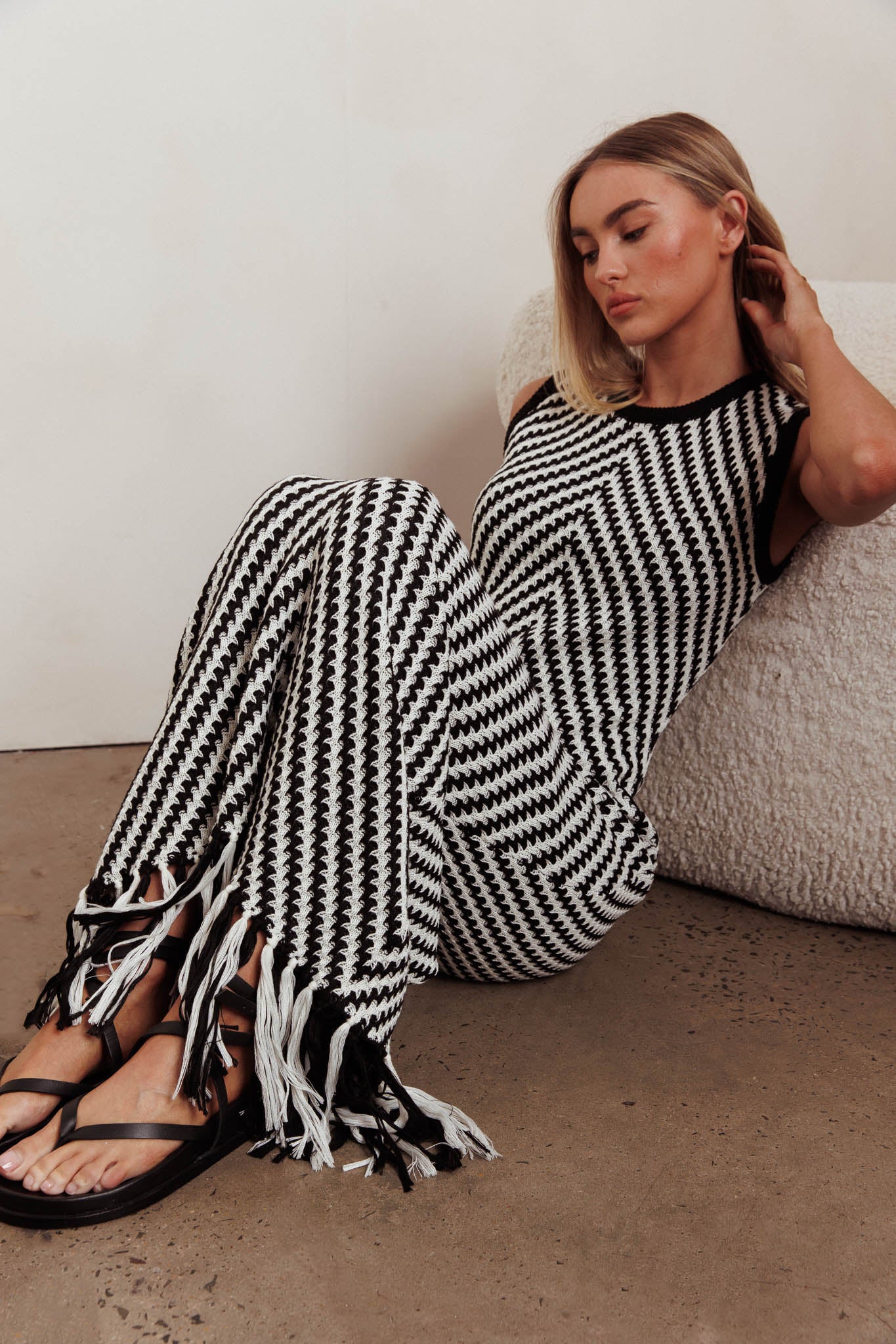 Same Place Fringed Knit Maxi Dress Black - Seraphlike