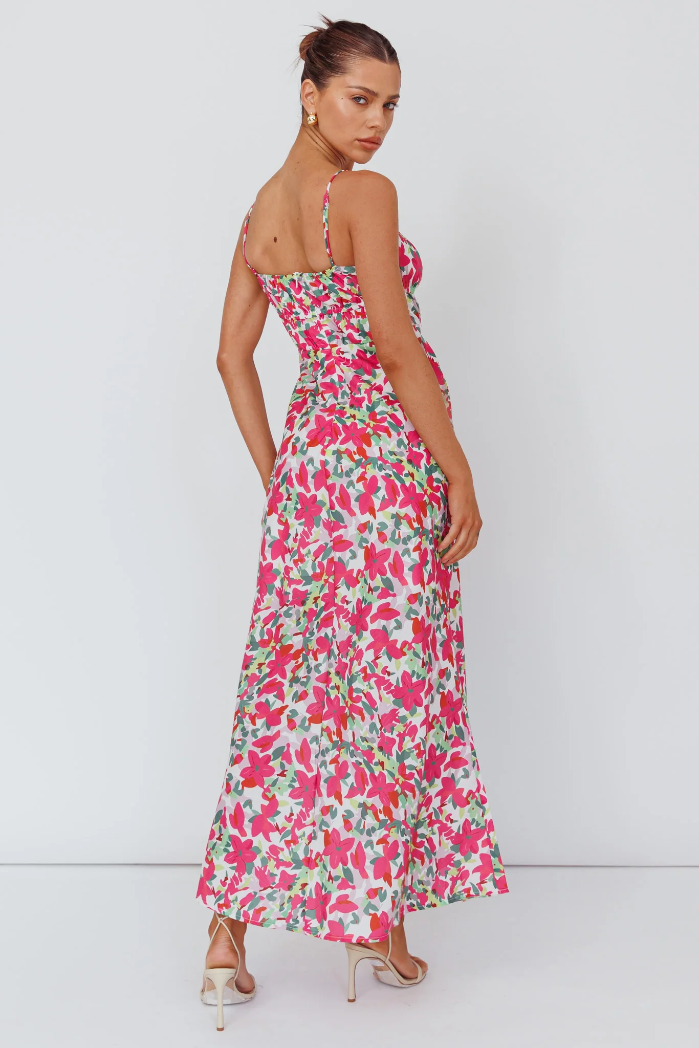 Solstice Noon Tied Bust Midi Dress Print Pink - Seraphlike