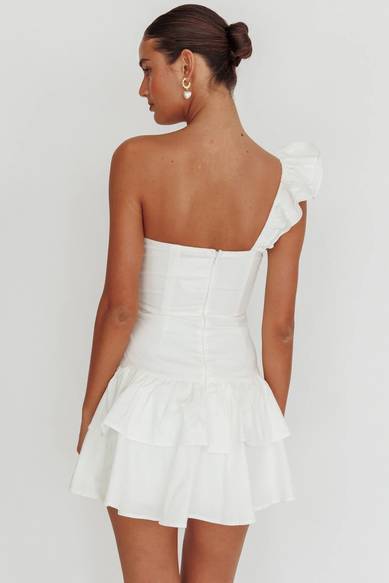 Tea Time One Shoulder Ruffle Mini Dress White - Seraphlike