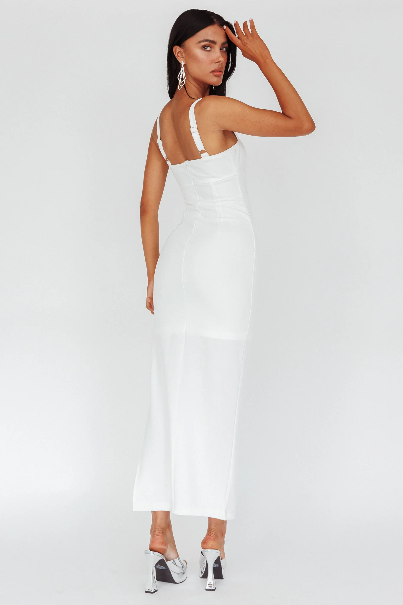 Zenya Split Ruched Midi Dress White - Seraphlike