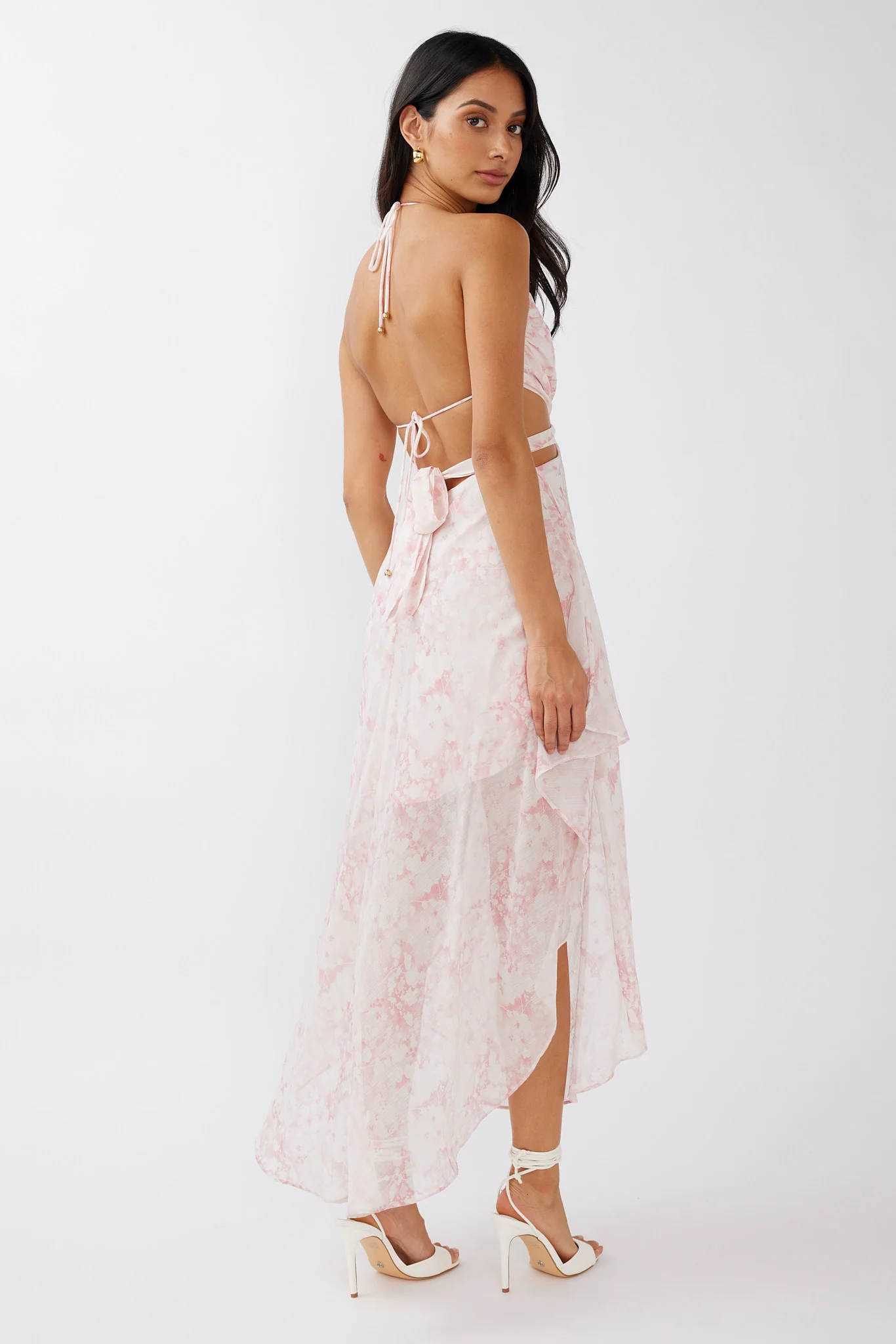 Samia Cut-Out Halterneck Midi Dress Print Blush - Seraphlike