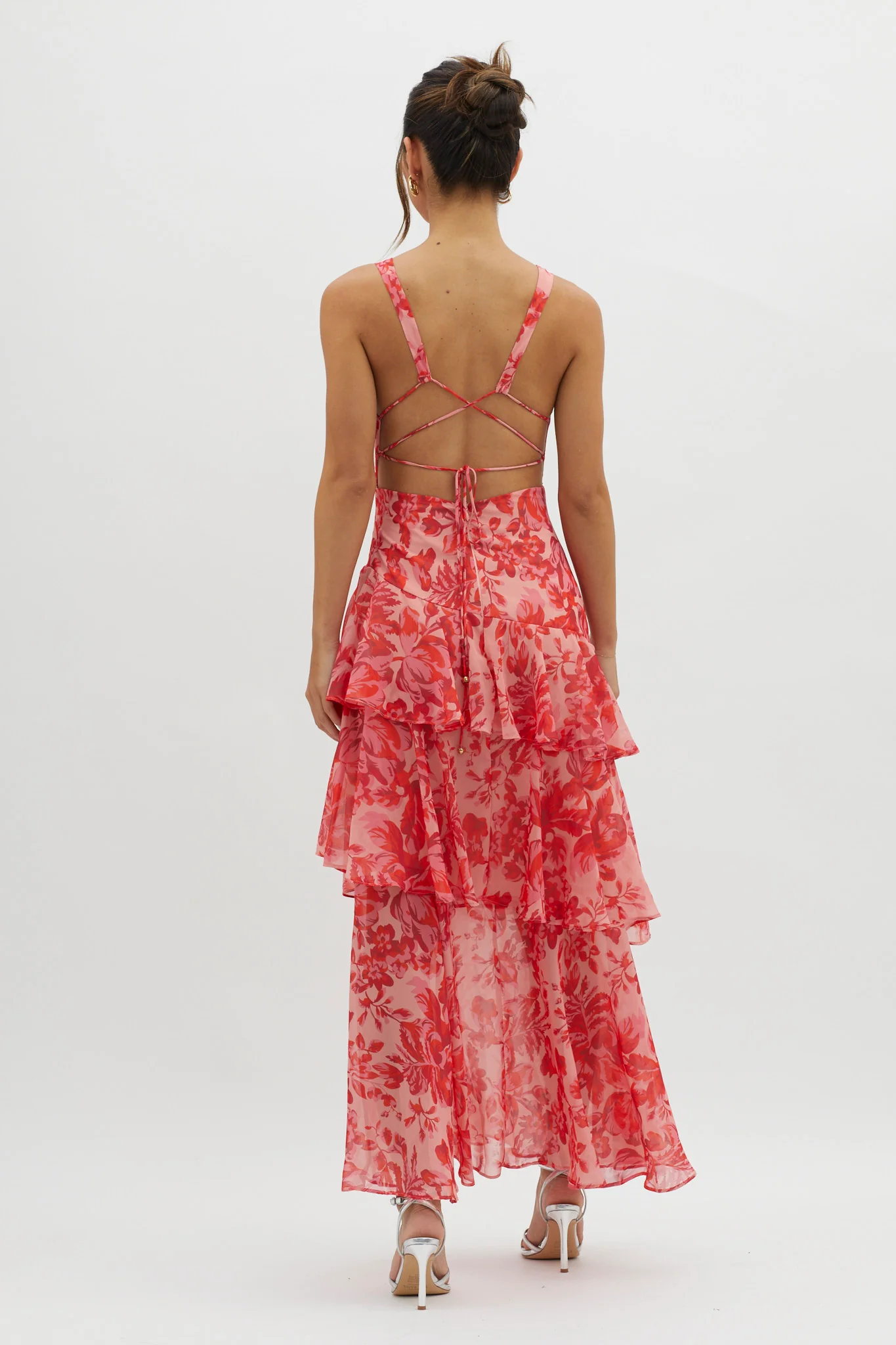 Veda Strappy Back Ruffle Midi Dress Floral Red - Seraphlike