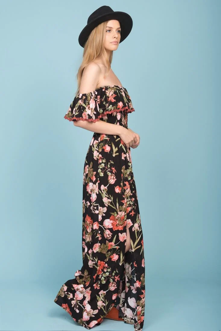 Tuscany Off The Shoulder Maxi Dress Black & Red - Seraphlike