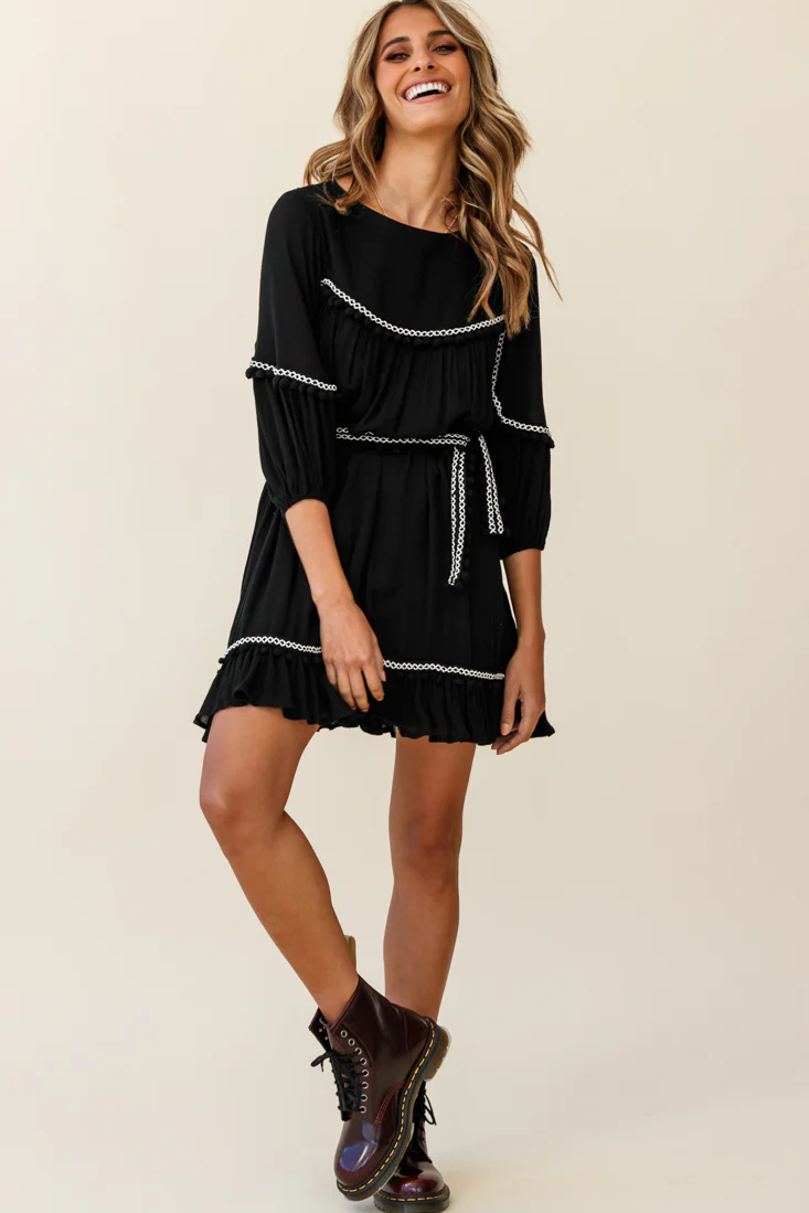 Marionette Three-Quarter Sleeve Pom-Pom Dress Black - Seraphlike