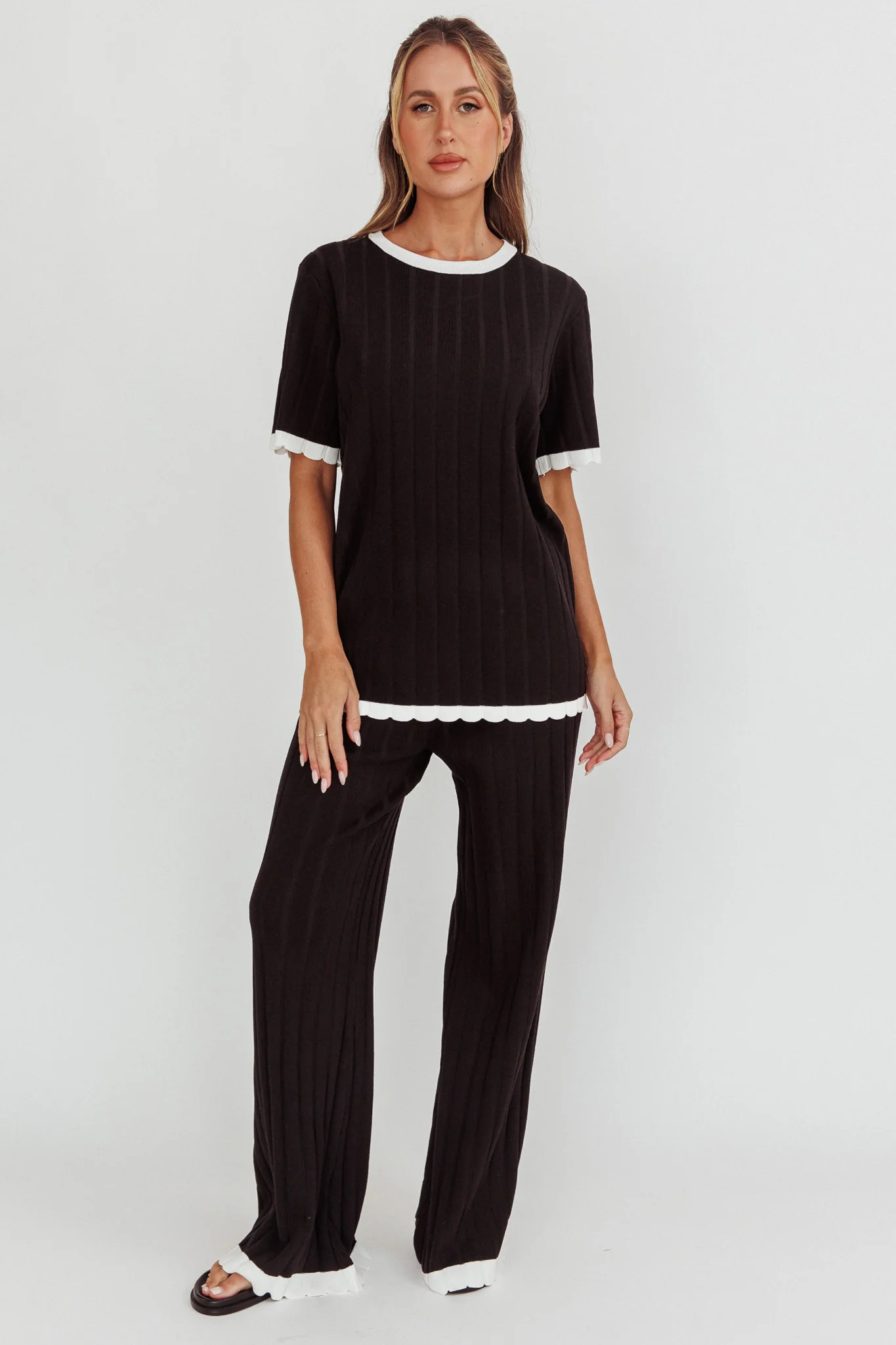 Liloh Contrast Trim Ribbed Knit Pants Black - Seraphlike