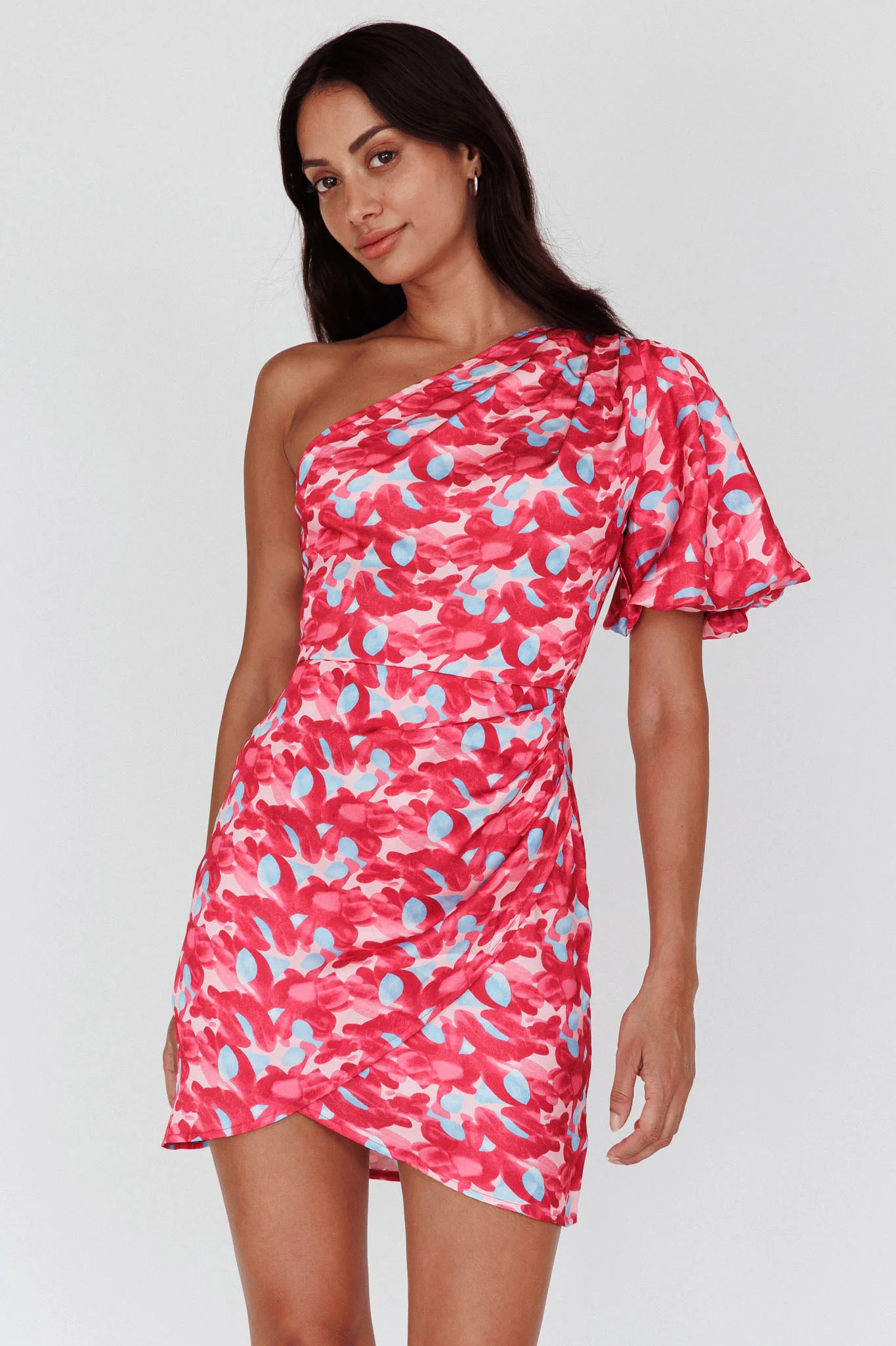 Krishna One-Shoulder Puff Sleeve Mini Dress Pink - Seraphlike