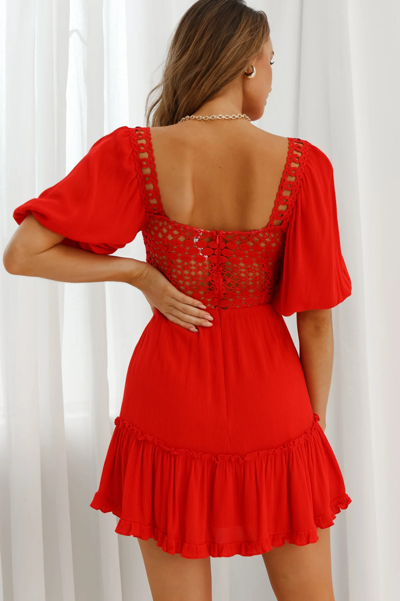 Golden Hour Lace-Up Front Crochet Dress Red - Seraphlike
