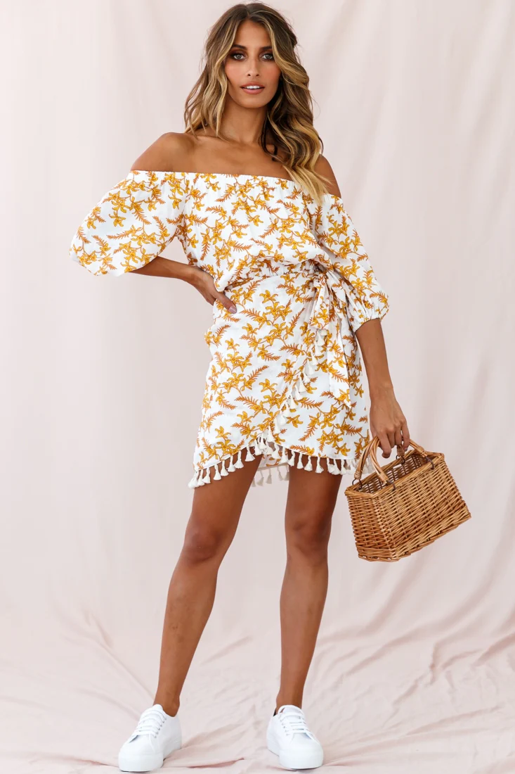 Cayman Tassel Trim Wrap Dress White/Yellow - Seraphlike
