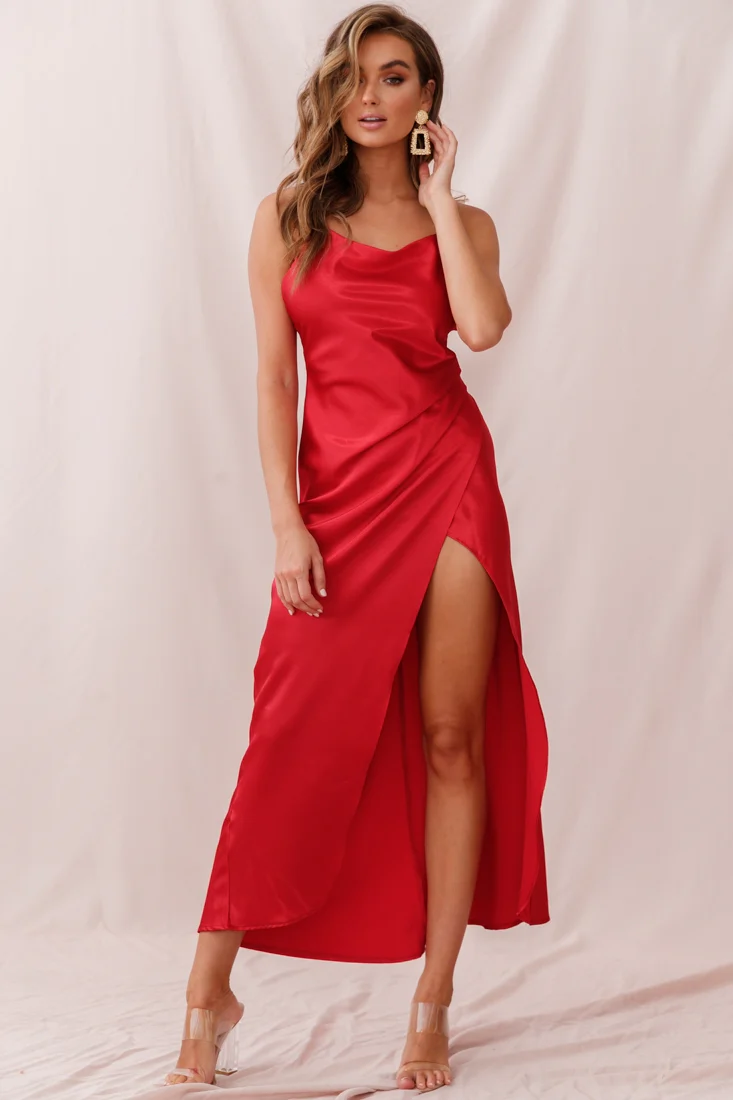 Hey Girl Long Satin Cowl Neck Dress Red - Seraphlike