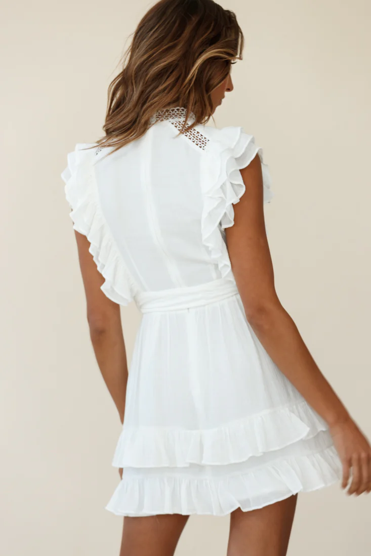 Oakland High Neck Ruffle Detail Dress White - Seraphlike