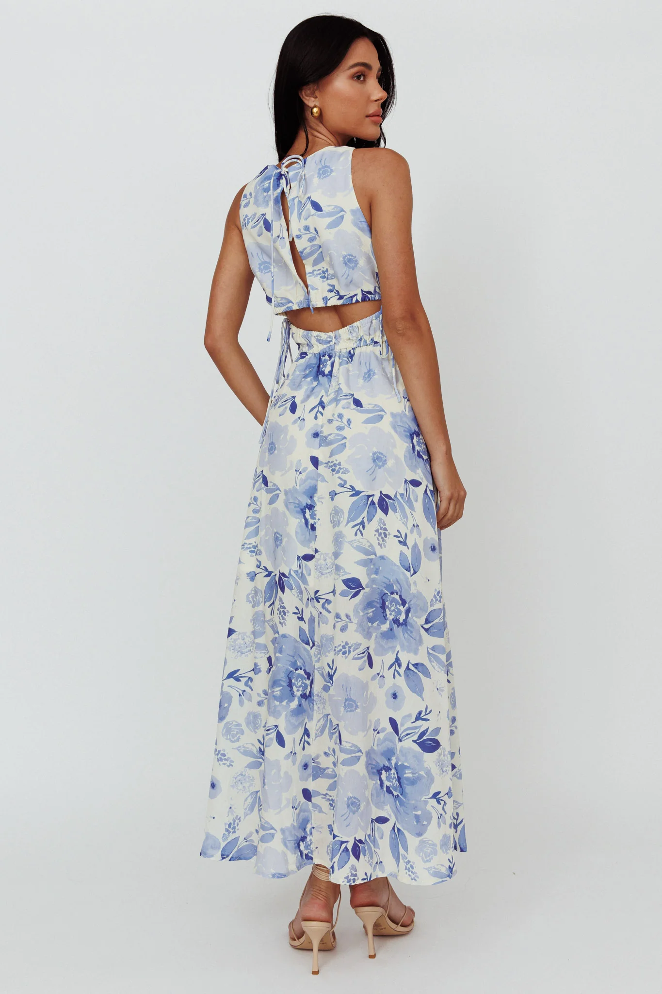 Perla V-Neck Drawstring Maxi Dress Floral Blue - Seraphlike
