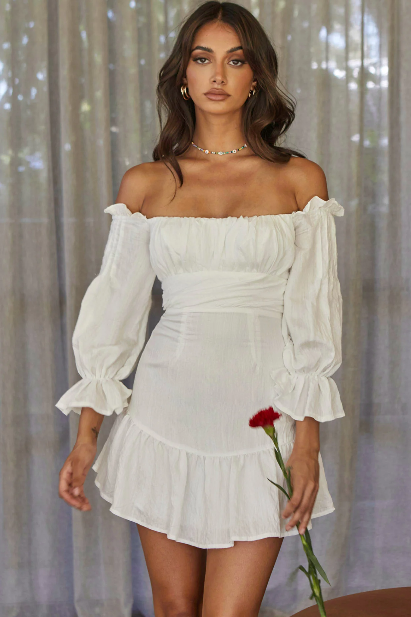 By My Side Off-Shoulder Balloon Sleeve Dress White - Seraphlike