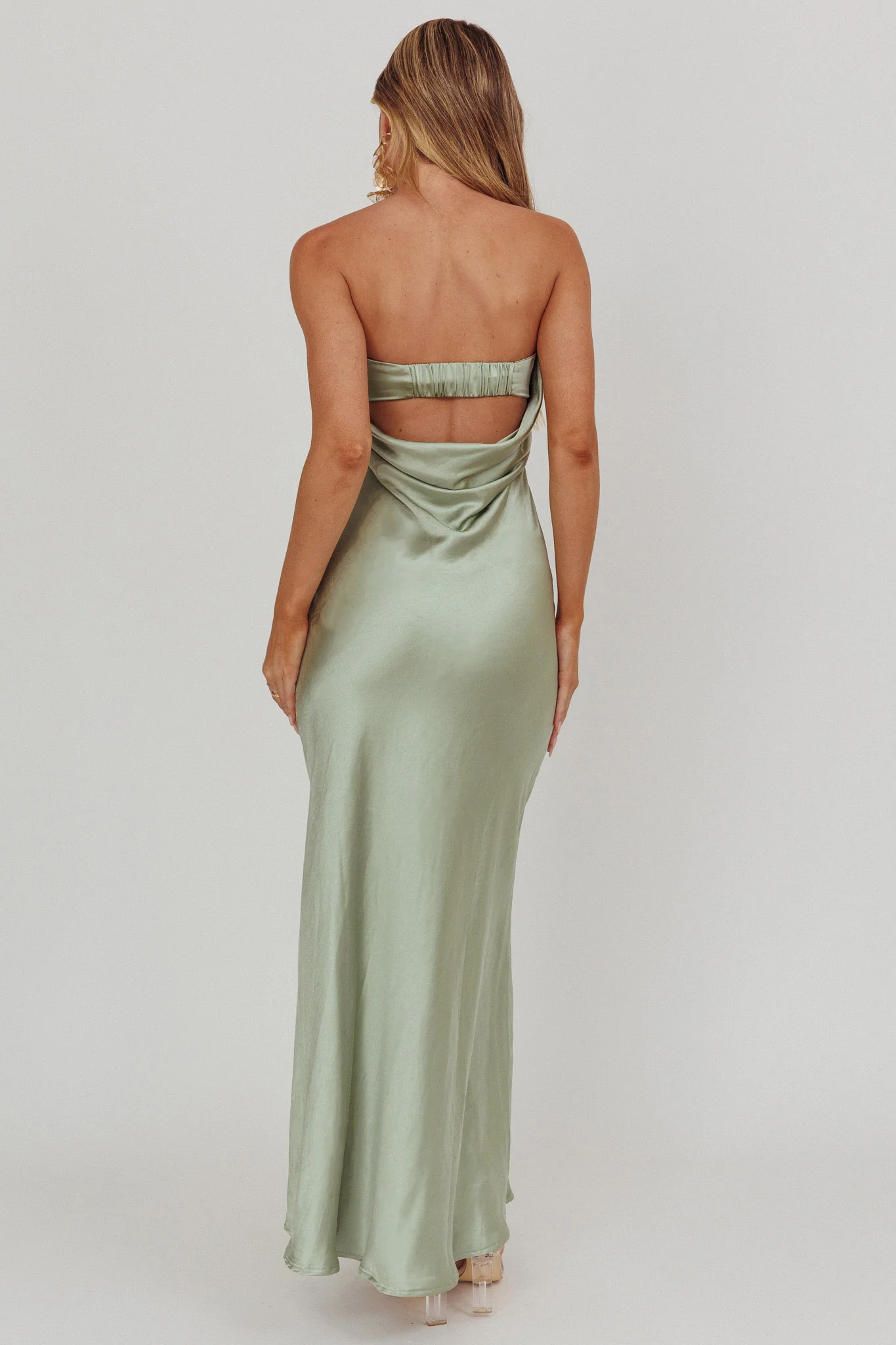 Kona Strapless Pleated Bust Satin Maxi Dress Sage - Seraphlike