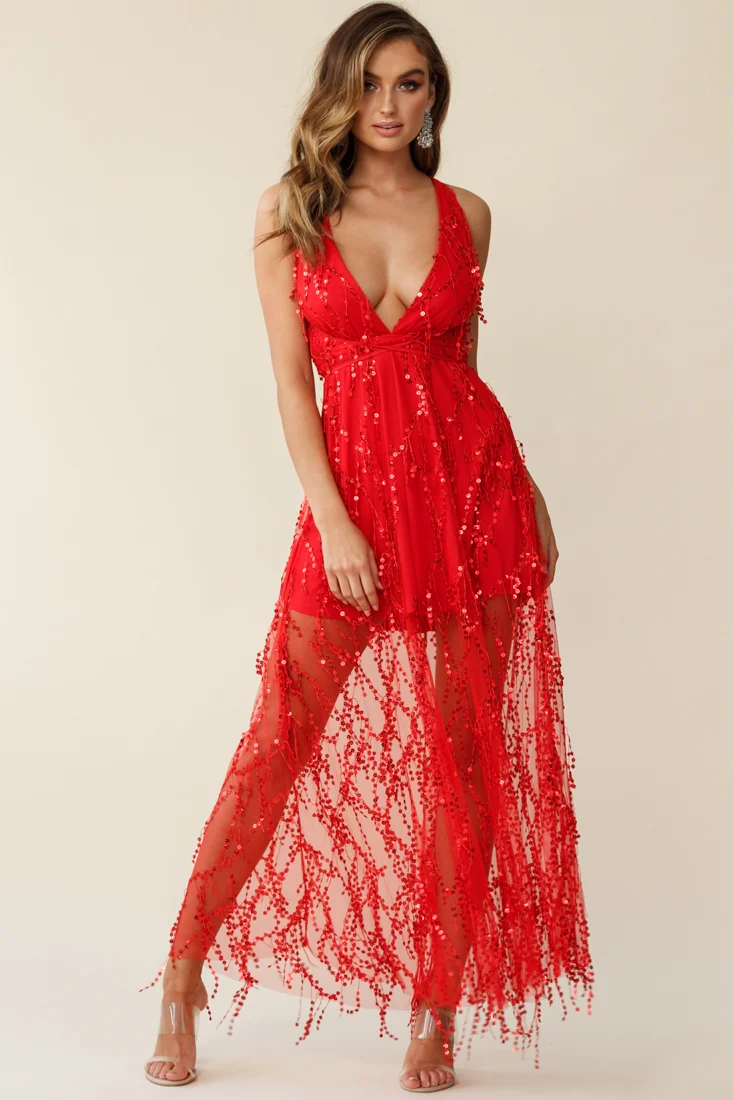 Tiara Sequin Maxi Dress Red - Seraphlike