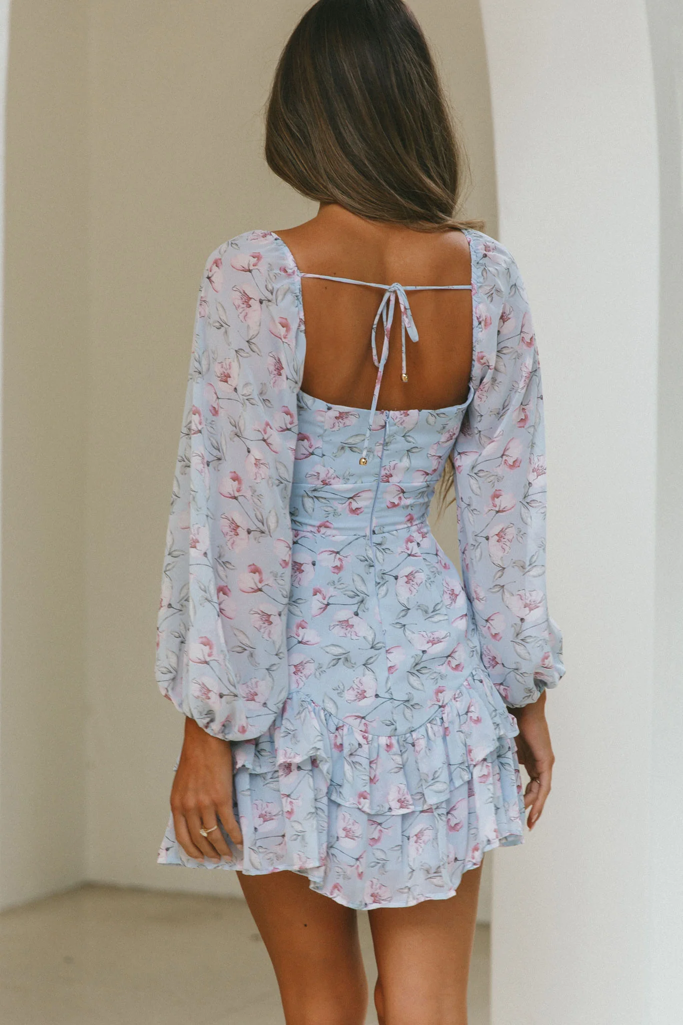 Dearly Beloved Balloon Sleeve Layered Frill Hem Dress Flower Print Blue - Seraphlike