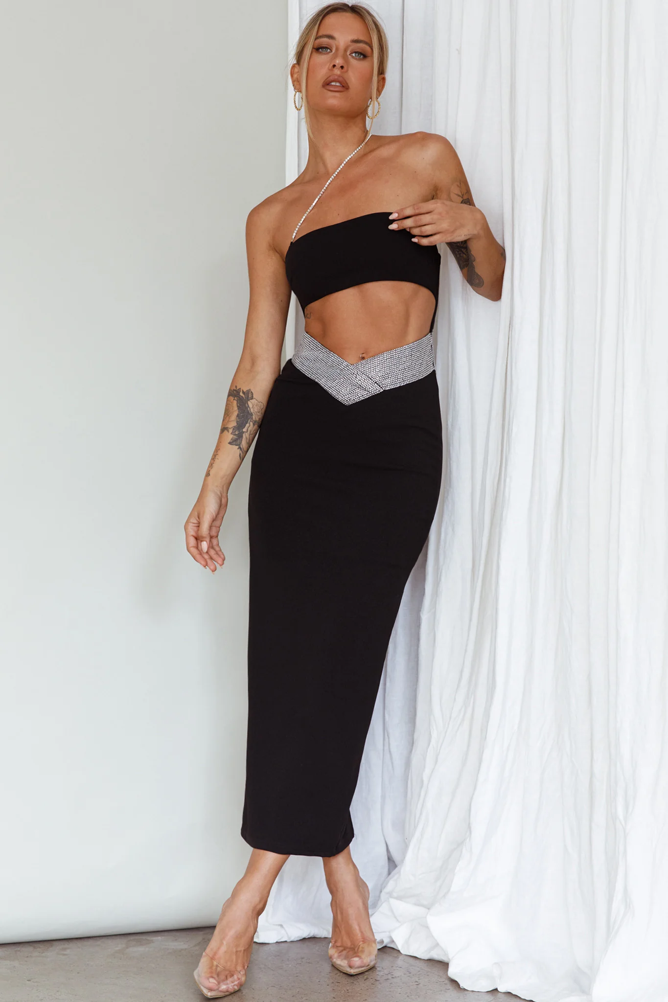 Megyn Diamante Midi Dress Black - Seraphlike