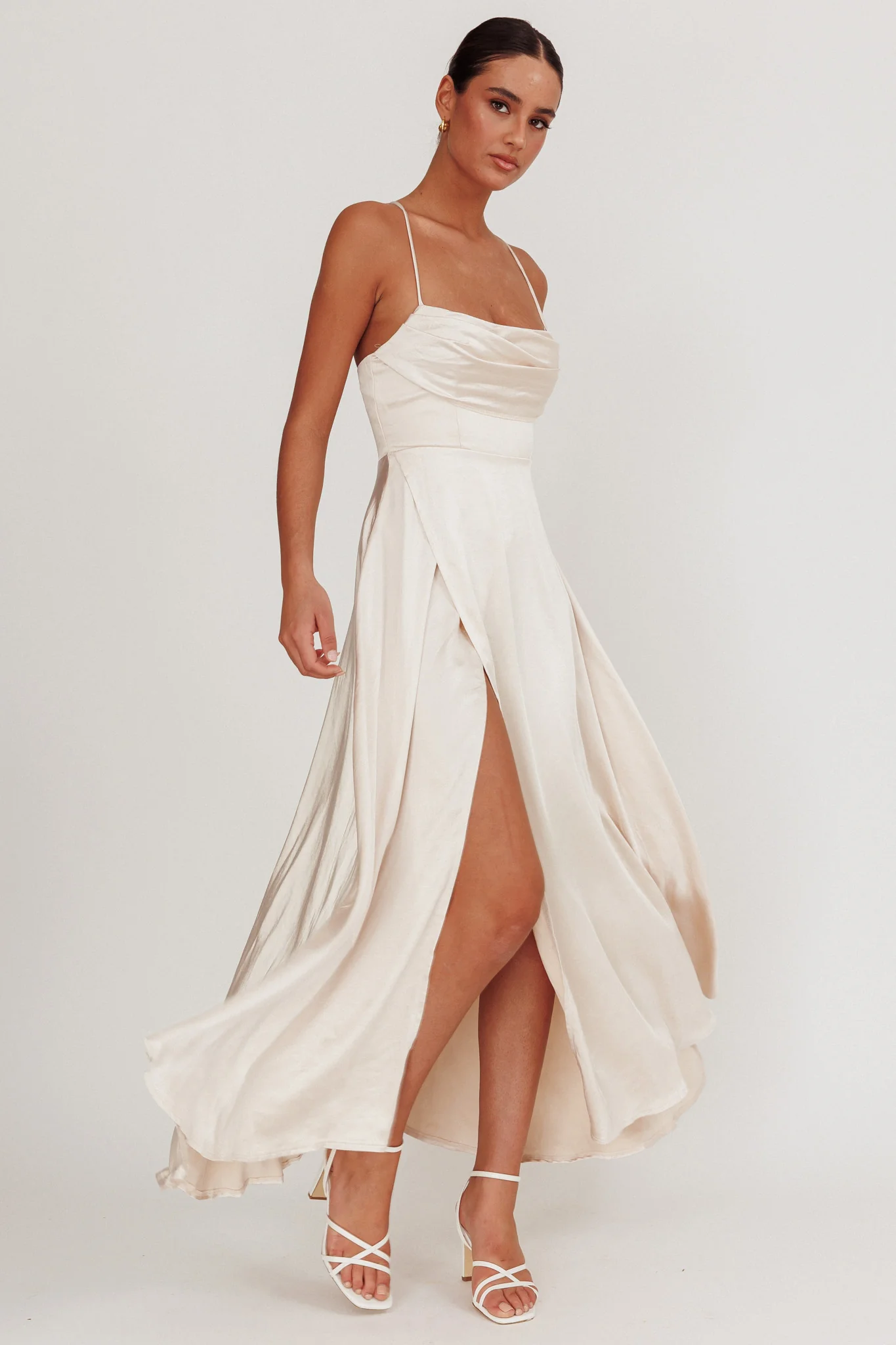 Inner Light Gathered Bust Split Maxi Dress Champagne - Seraphlike