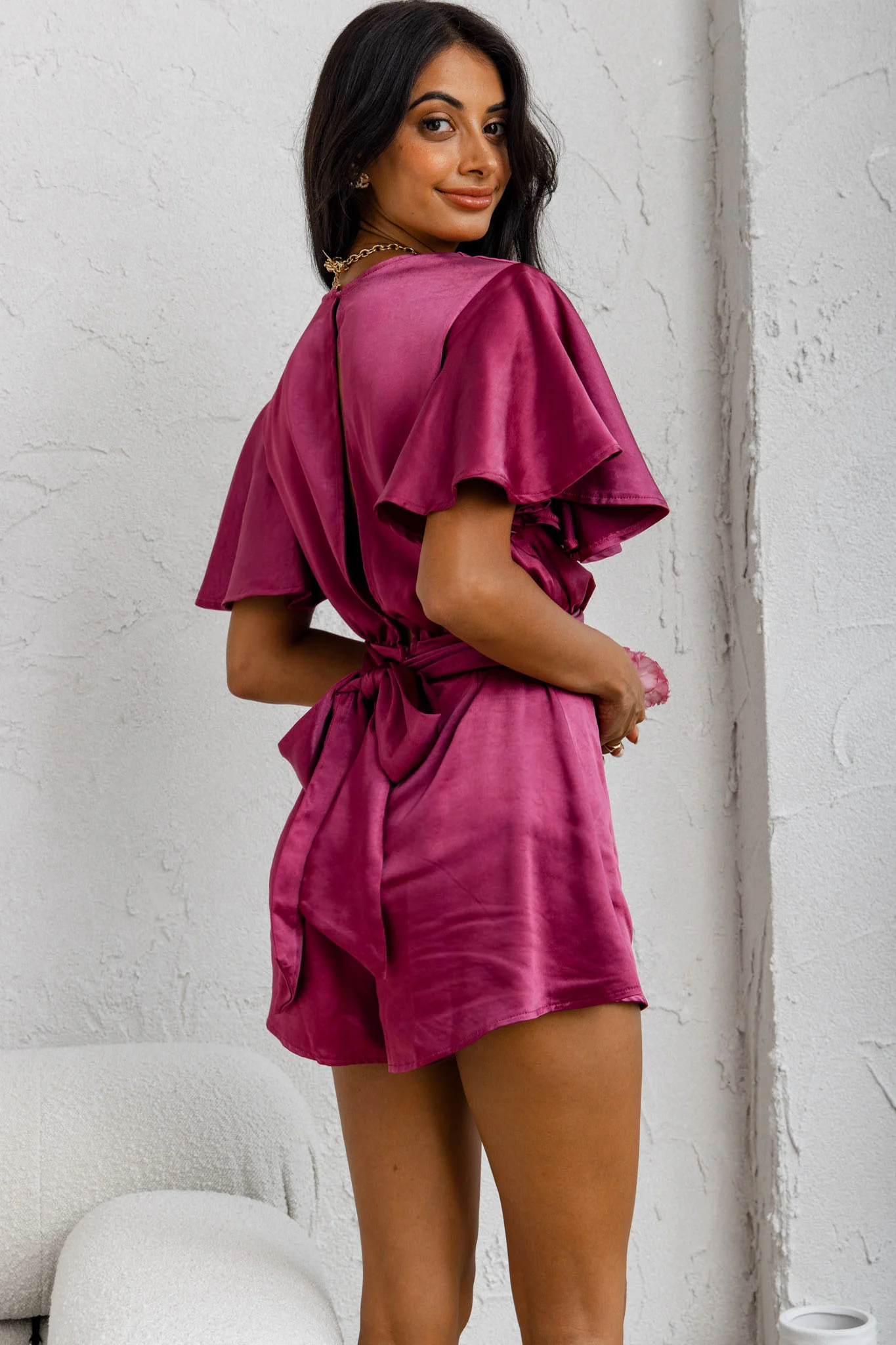 Unconditional Plunging Wrap Style Romper Fuchsia - Seraphlike