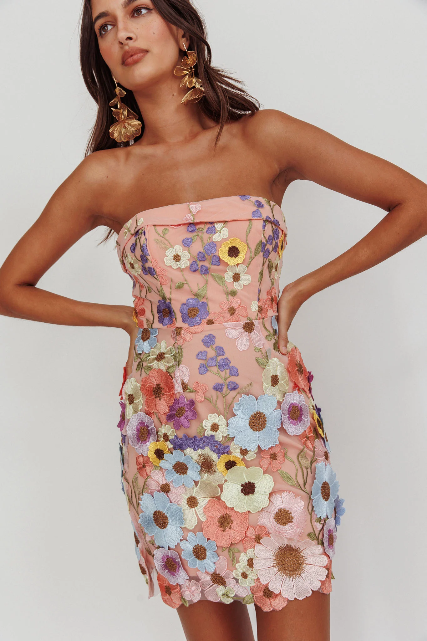 Flora Day Strapless Floral Embellished Mini Dress Pale Pink - Seraphlike