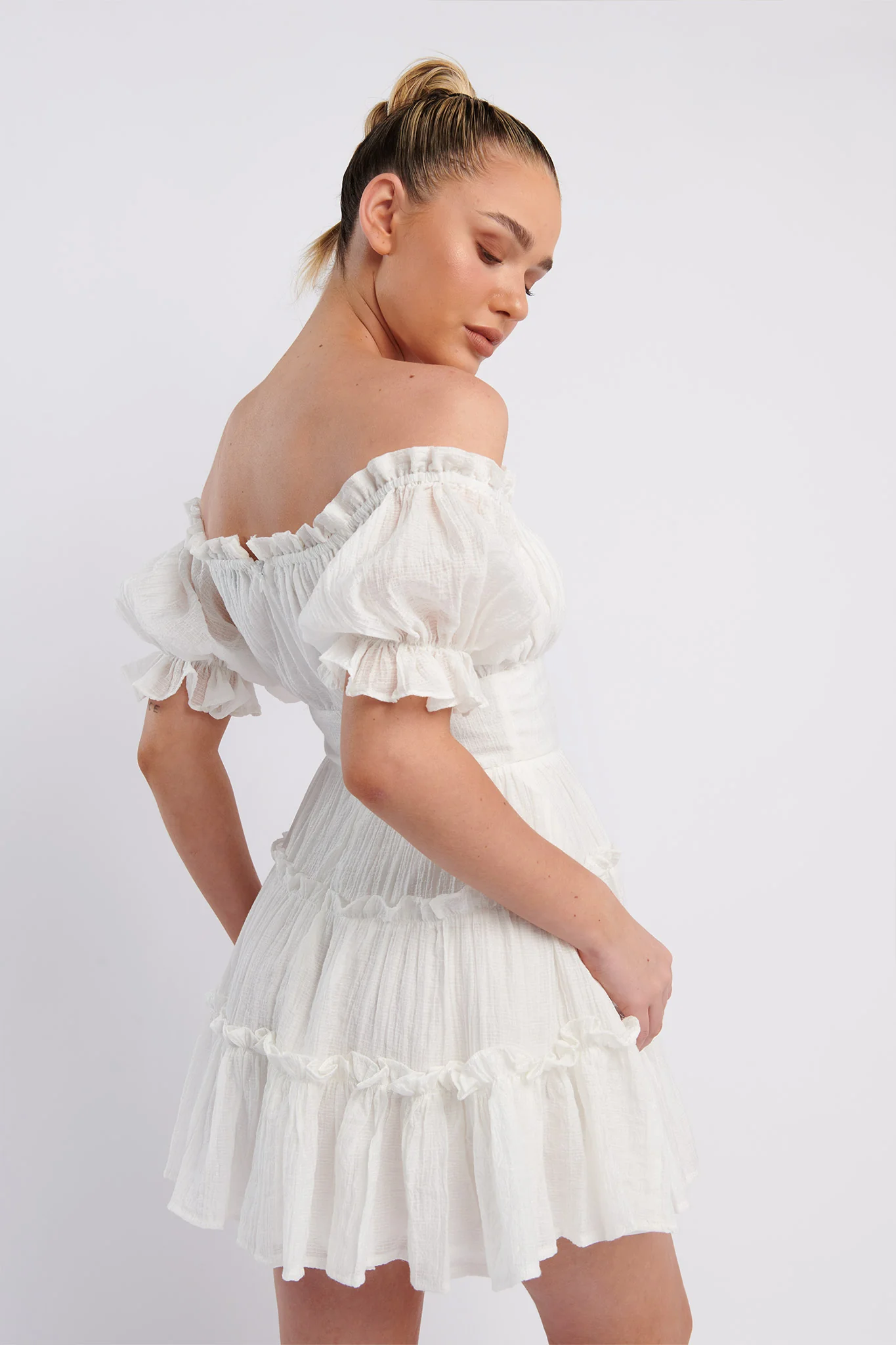 Everley Puff Sleeve Mini Dress White - Seraphlike