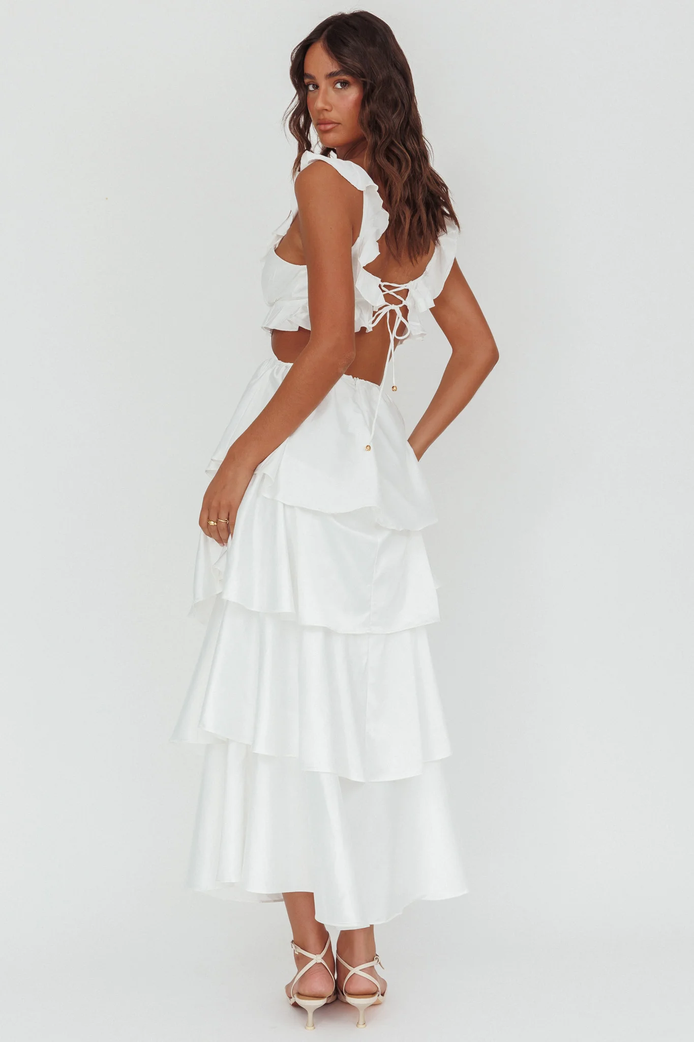 Catalina Tiered Ruffle Cut-Out Maxi Dress White - Seraphlike