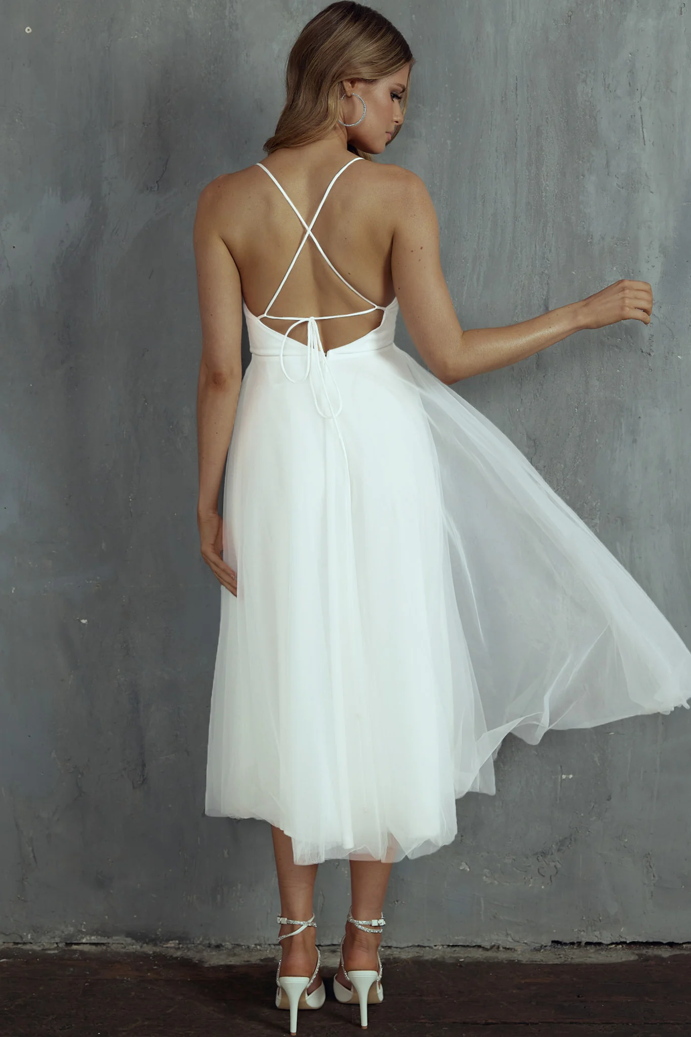 Floating By Pleated Neckline Mesh Midi Dress White - Seraphlike