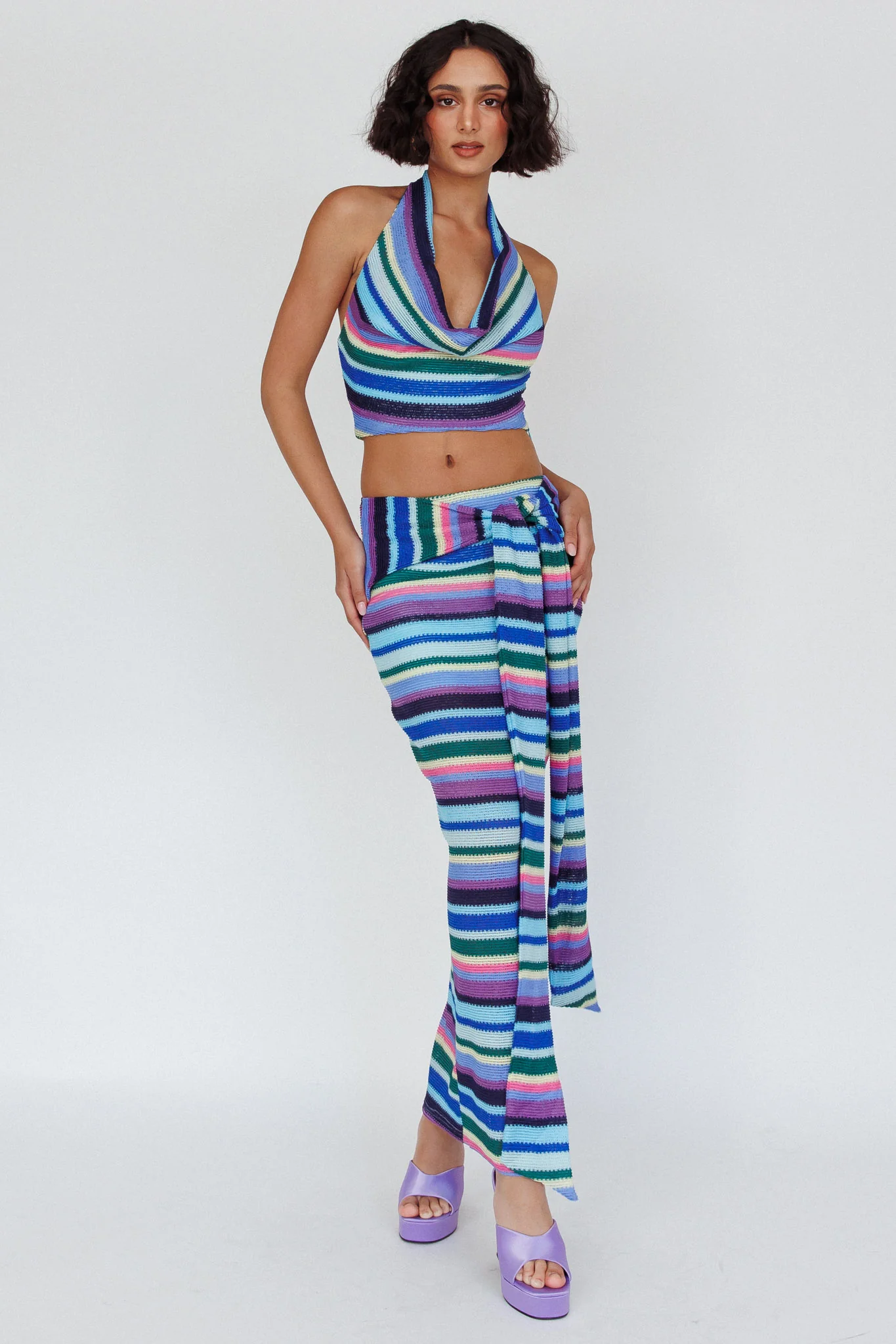 Sammi Tie Waist Knit Maxi Skirt Purple Multi - Seraphlike