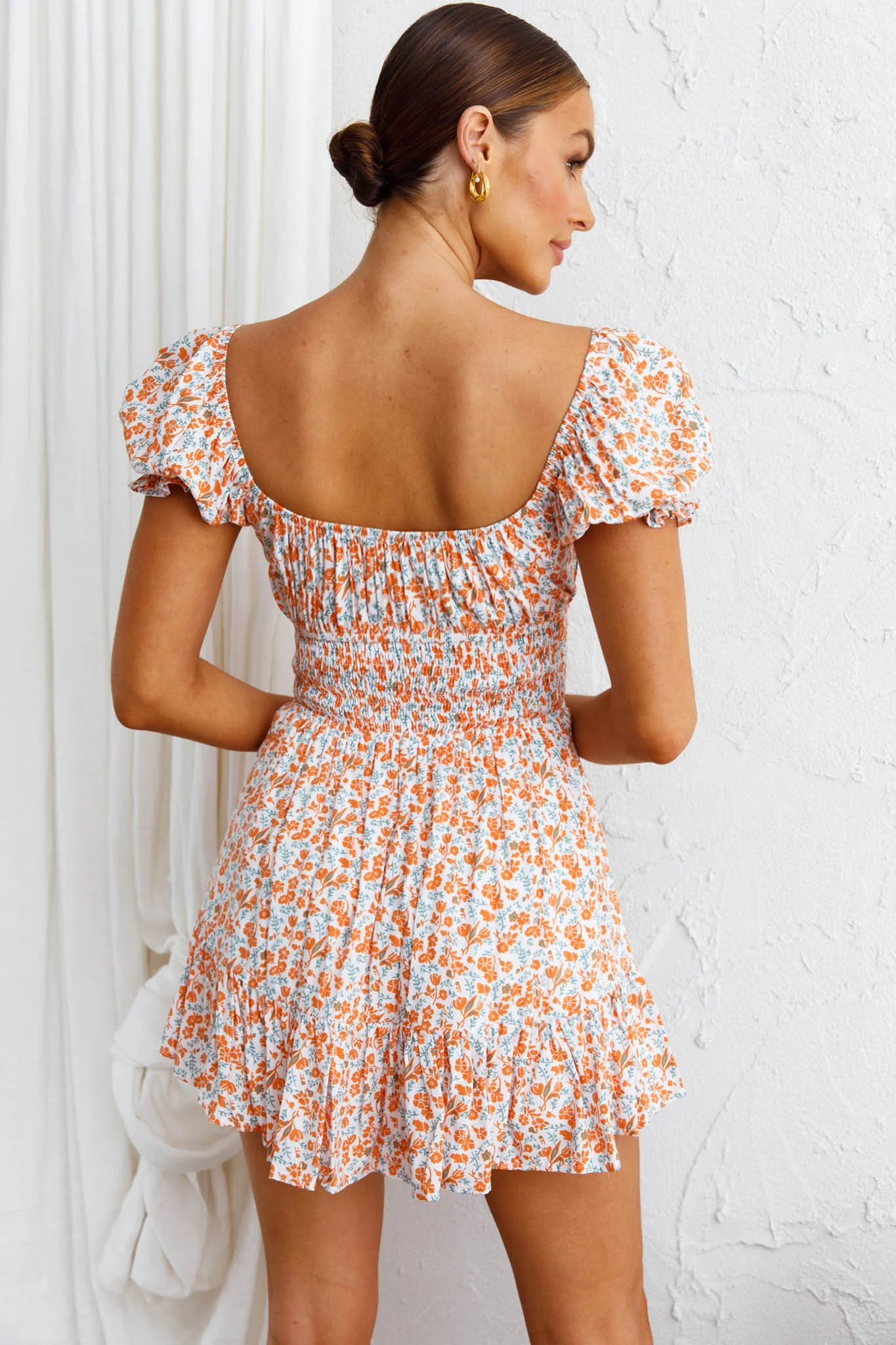 Amilie Shirred Waist Sundress Dainty Floral Orange - Seraphlike