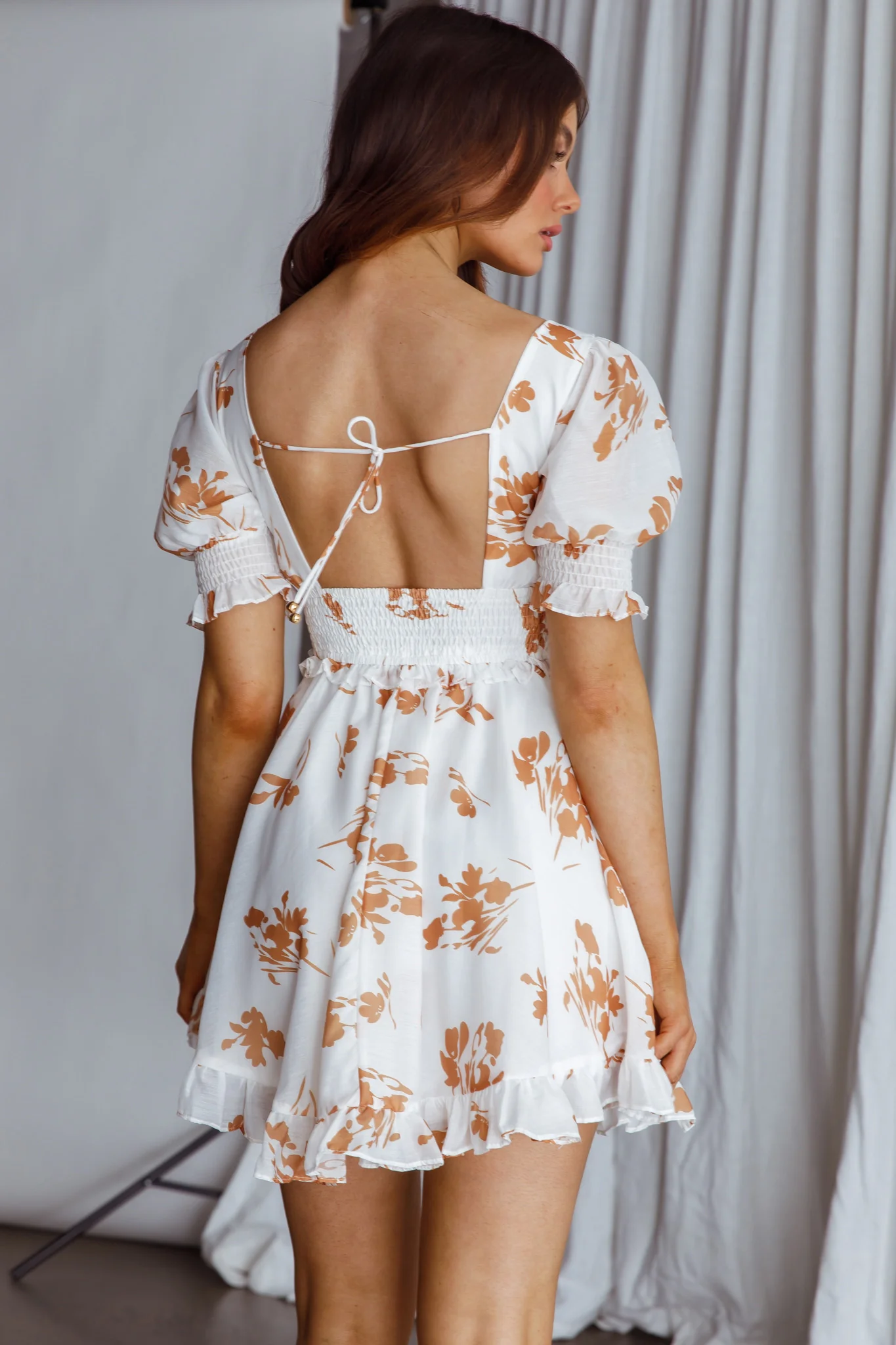 Summer In Paris Puff Sleeve Open Back Dress Floral Tan - Seraphlike