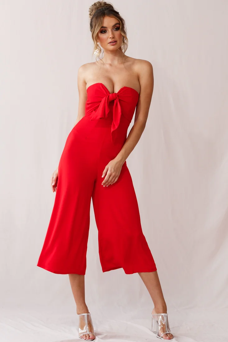 Khloe Summer Bow Tie Jumpsuit Red - Seraphlike