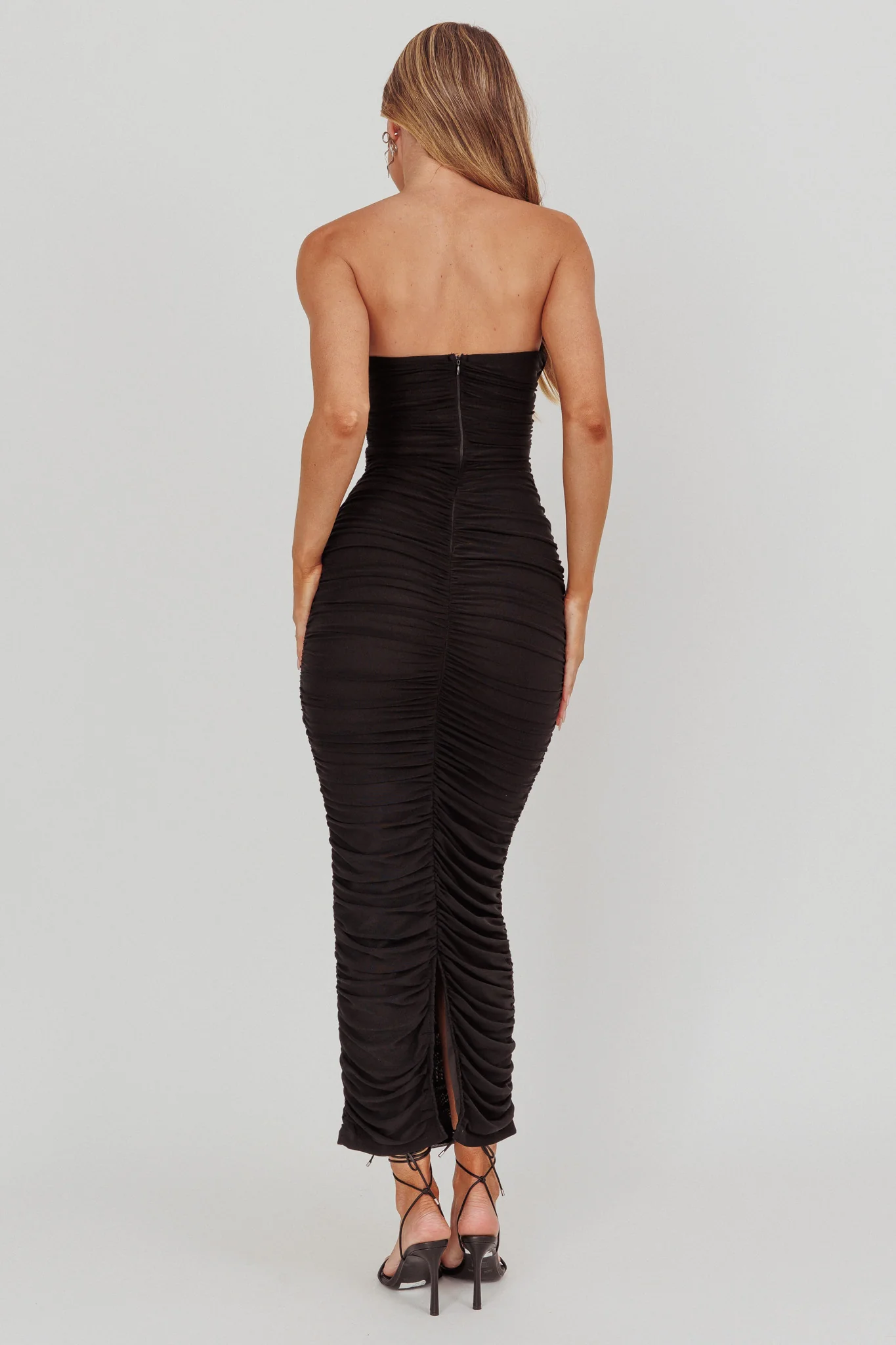 Midwest Strapless Gathered Mesh Maxi Dress Black - Seraphlike