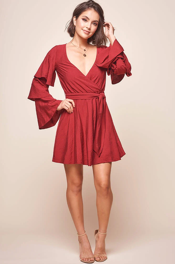 Bellini Tiered Ruffle Sleeve Dress Wine - Seraphlike