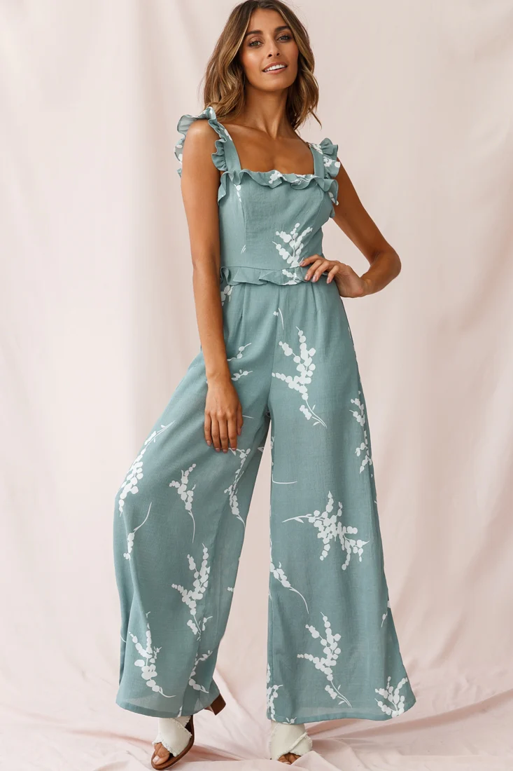 Azure Frill Strap Wide Leg Jumpsuit Sage - Seraphlike