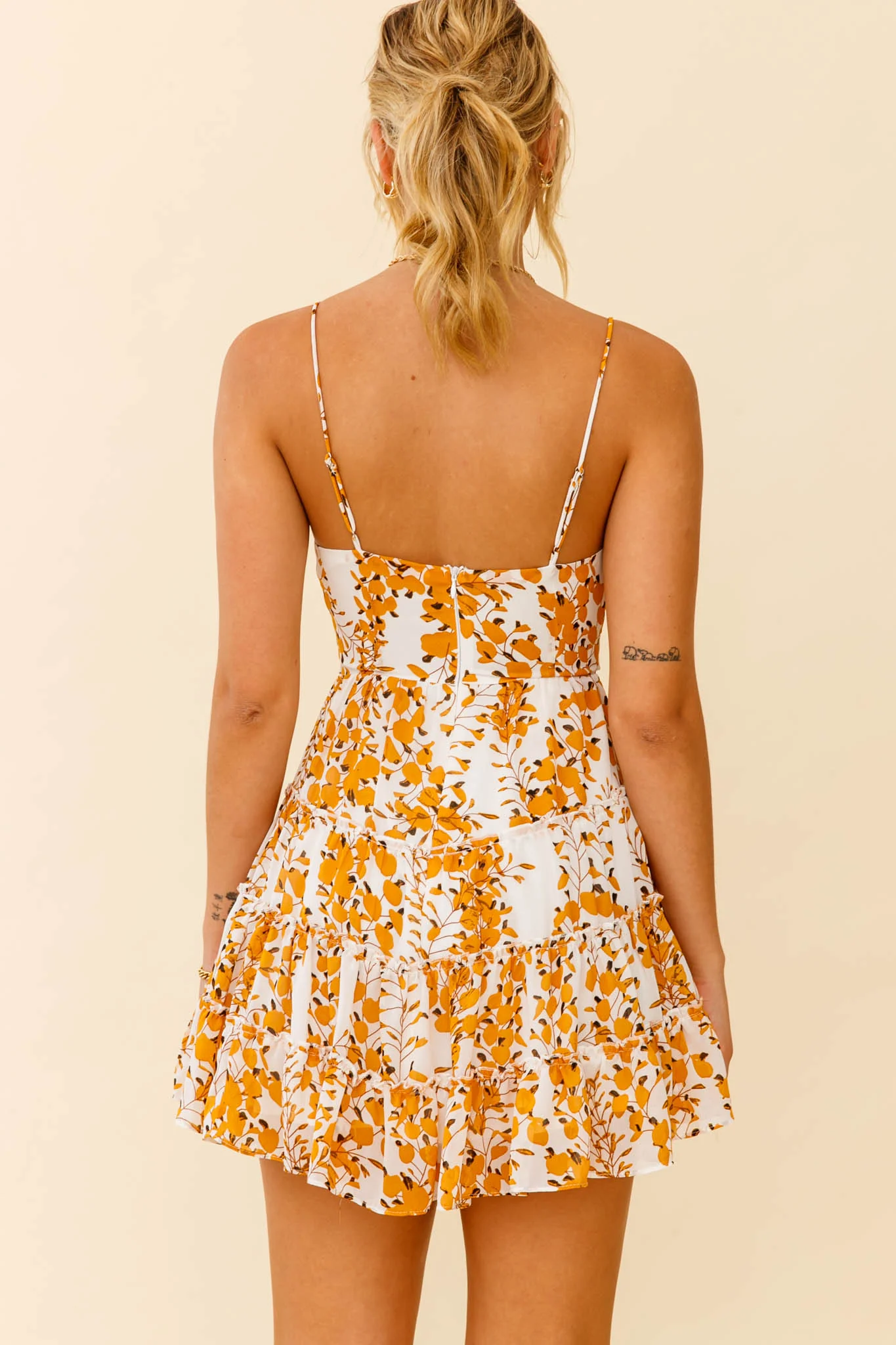 Jocelyn Cami Strap Waist Tie Ruffle Dress Floral Print Yellow - Seraphlike