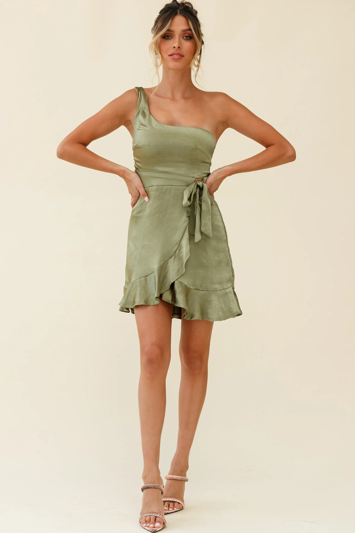 Waiting For Tonight One Shoulder Faux Wrap Dress Olive - Seraphlike