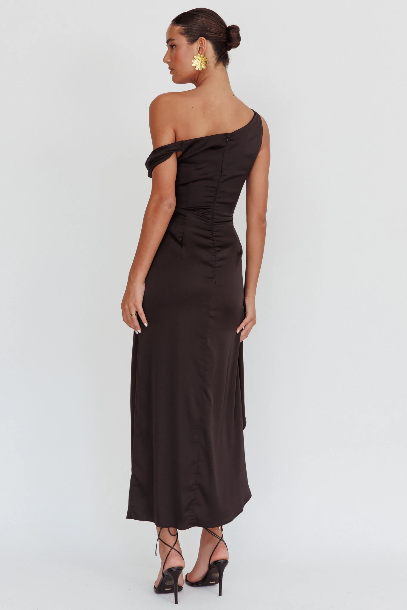 Sensations Off Shoulder Satin Maxi Dress Black - Seraphlike