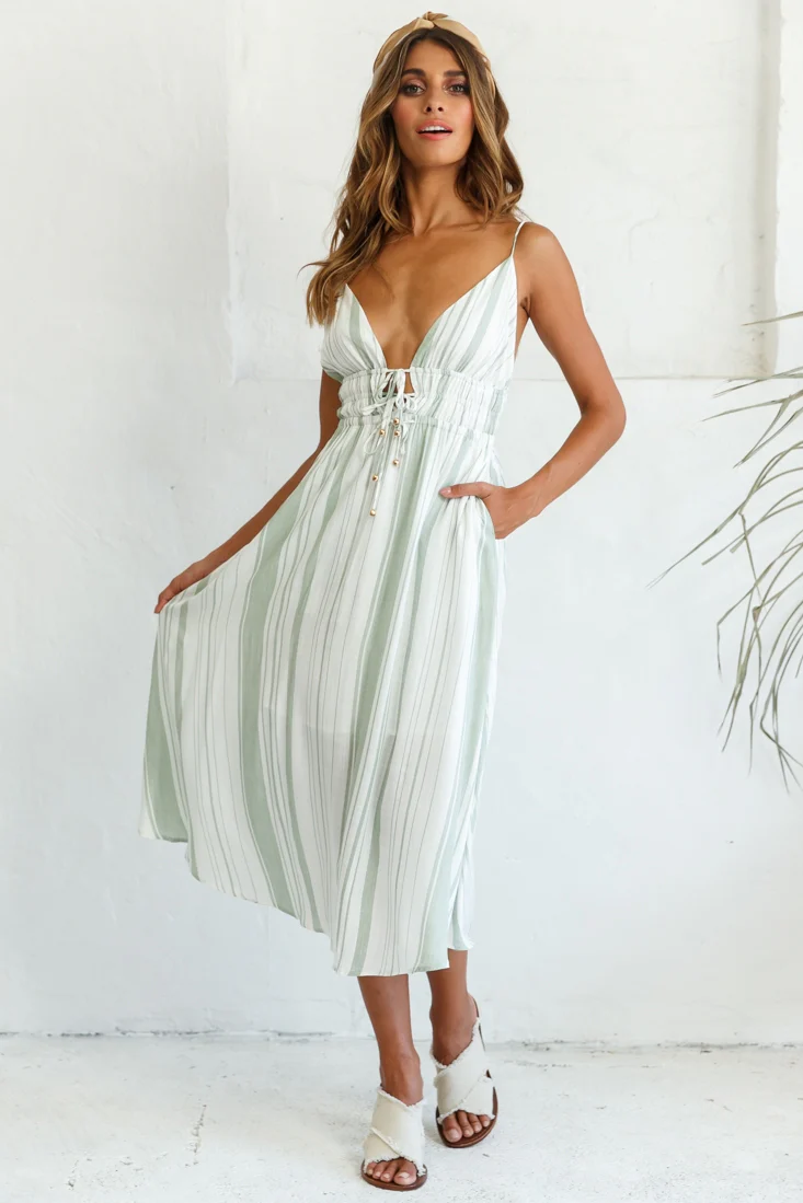 Hosanna Drawstring Detail Pocket Midi Dress Stripe Print Olive - Seraphlike