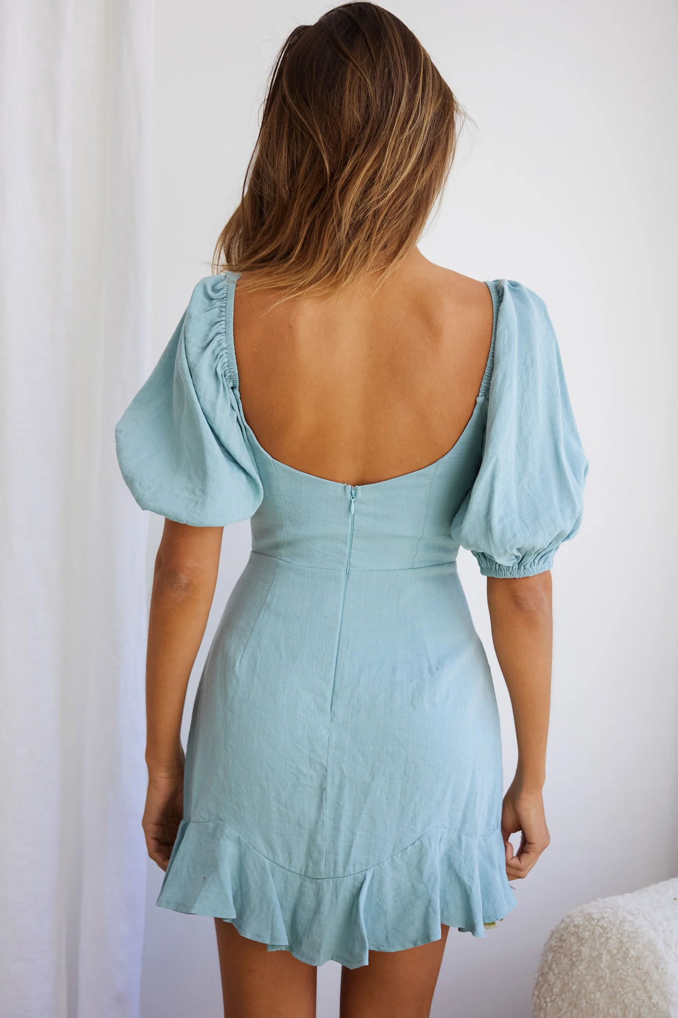 Alma Drawstring Circle Bust Puff Sleeve Mini Dress Sage - Seraphlike