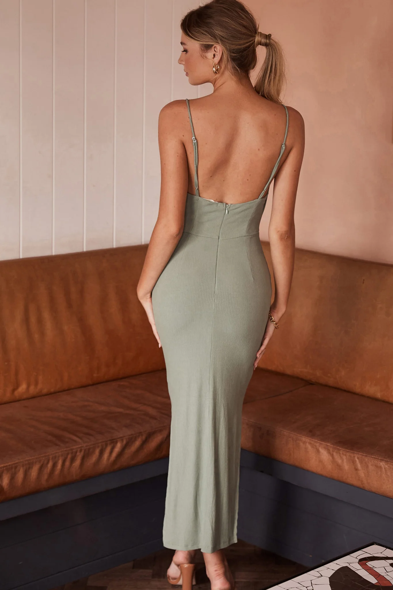 Frieda Cowl Neck Side Split Ribbed Midi Dress Sage - Seraphlike