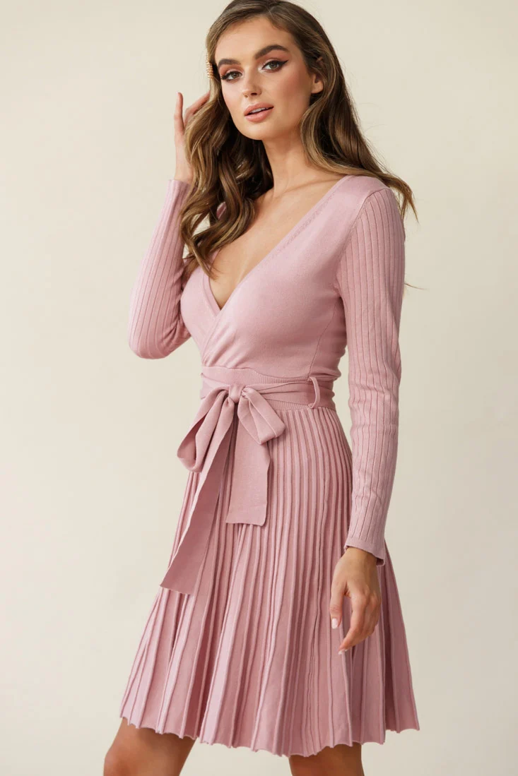 Marlena Long Sleeve Pleated Skirt Knit Dress Blush - Seraphlike